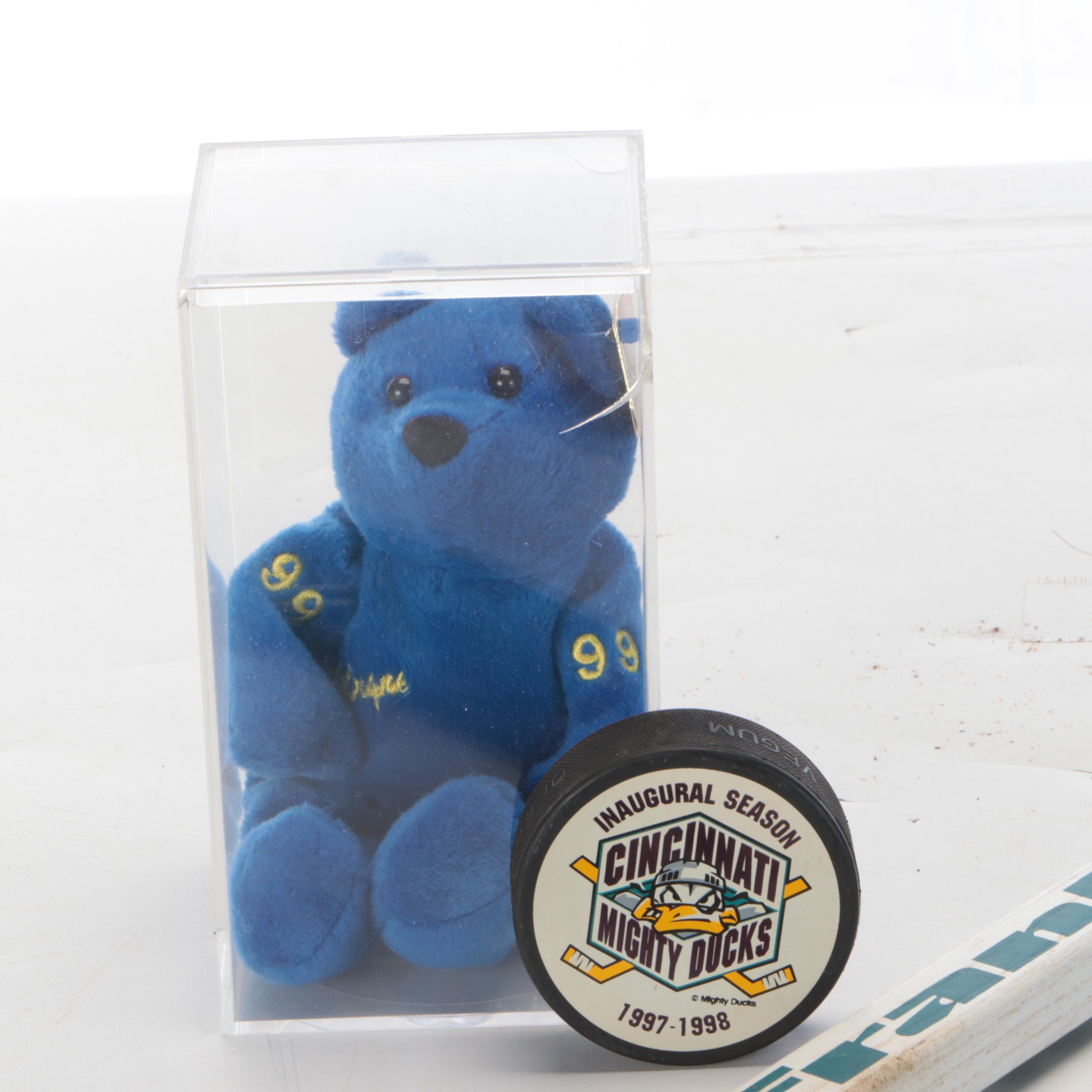 Cincinnati Cyclones and Mighty Ducks Hockey Sticks and Puck with Gretzky Bear