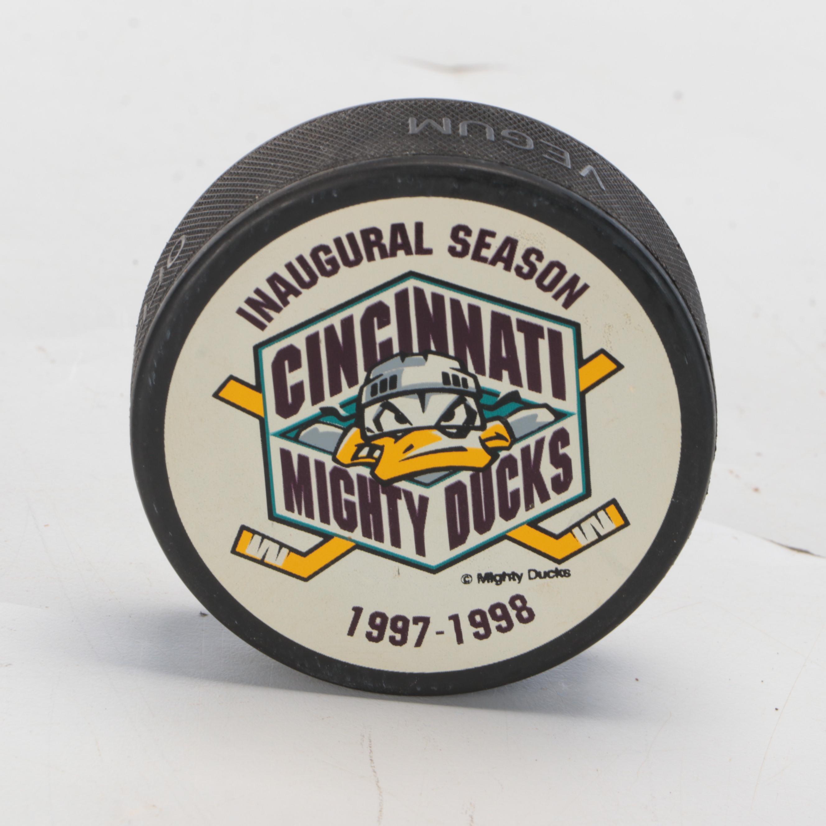 Cincinnati Cyclones and Mighty Ducks Hockey Sticks and Puck with Gretzky Bear