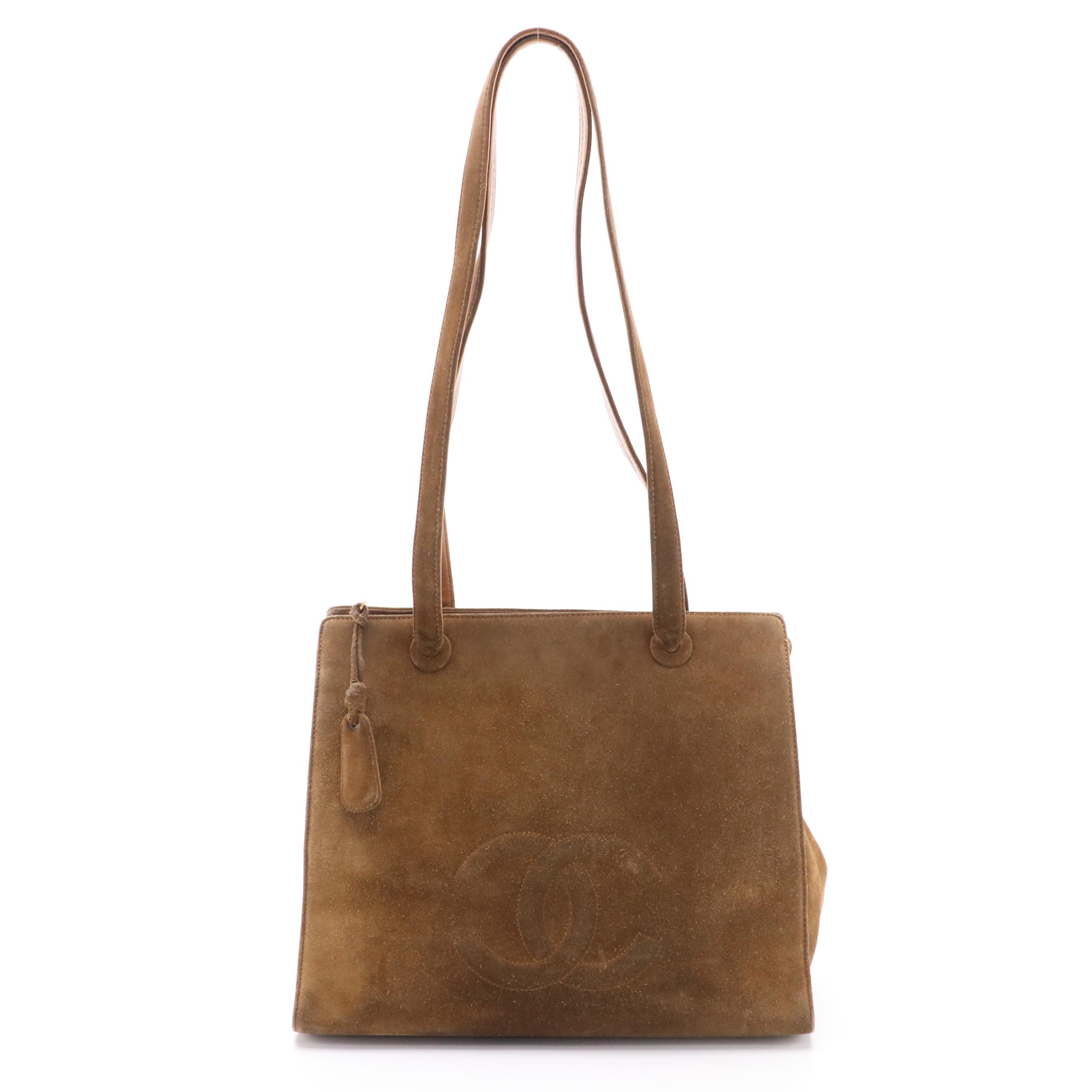 Chanel CC Shoulder Tote Bag in Mocha Brown Suede, 1990s