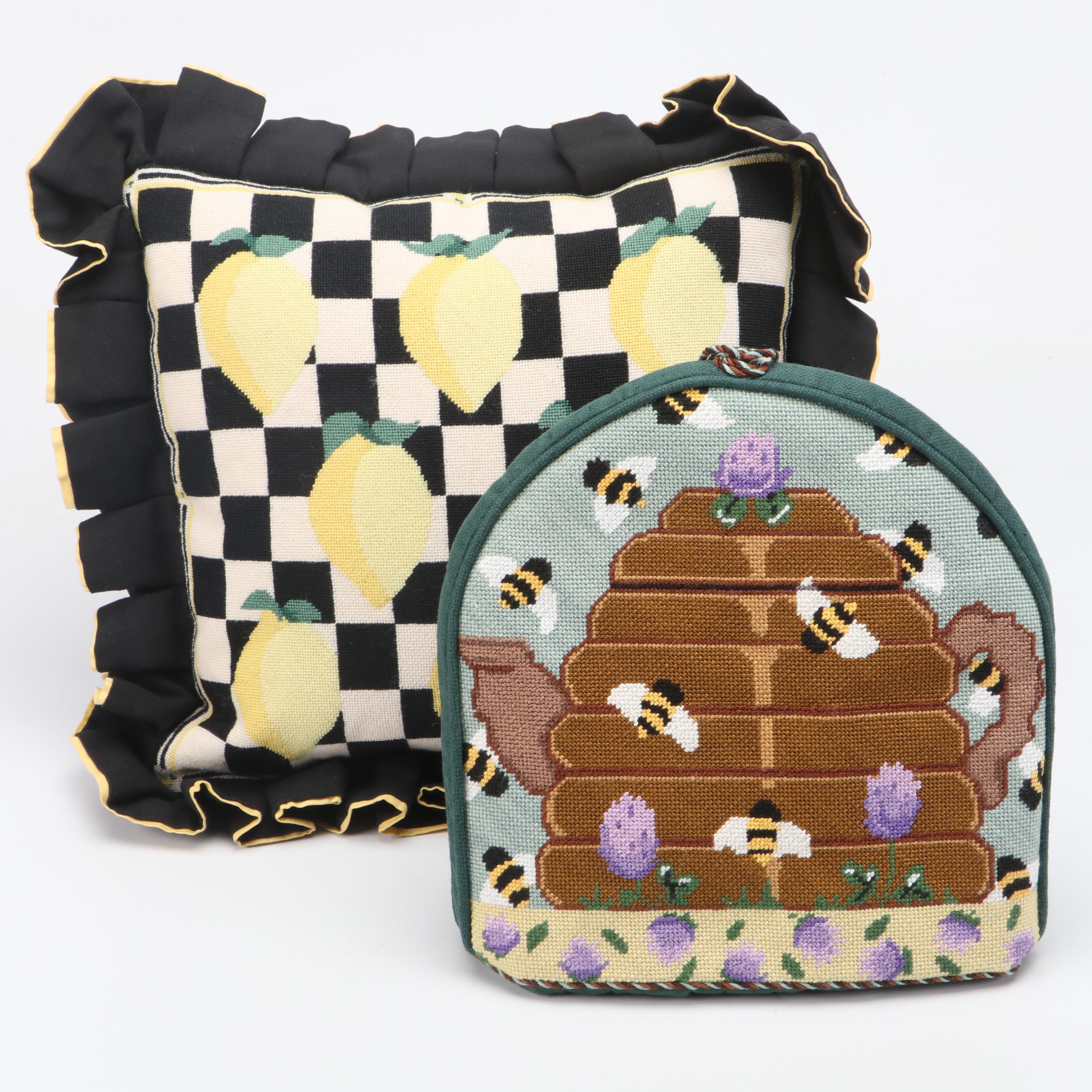 Needlepoint Bee Hive Tea Cozy and Lemon Accent Pillow