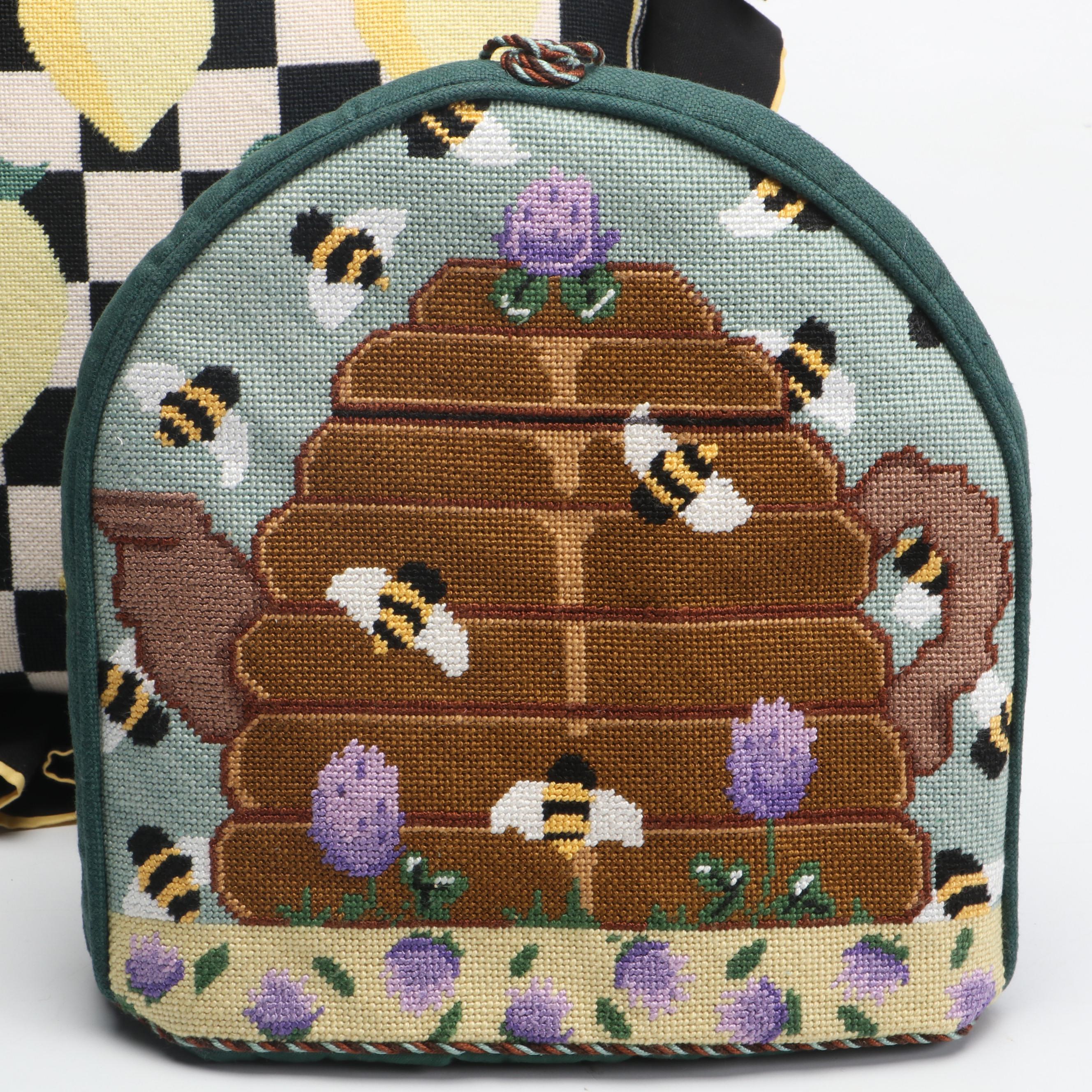 Needlepoint Bee Hive Tea Cozy and Lemon Accent Pillow