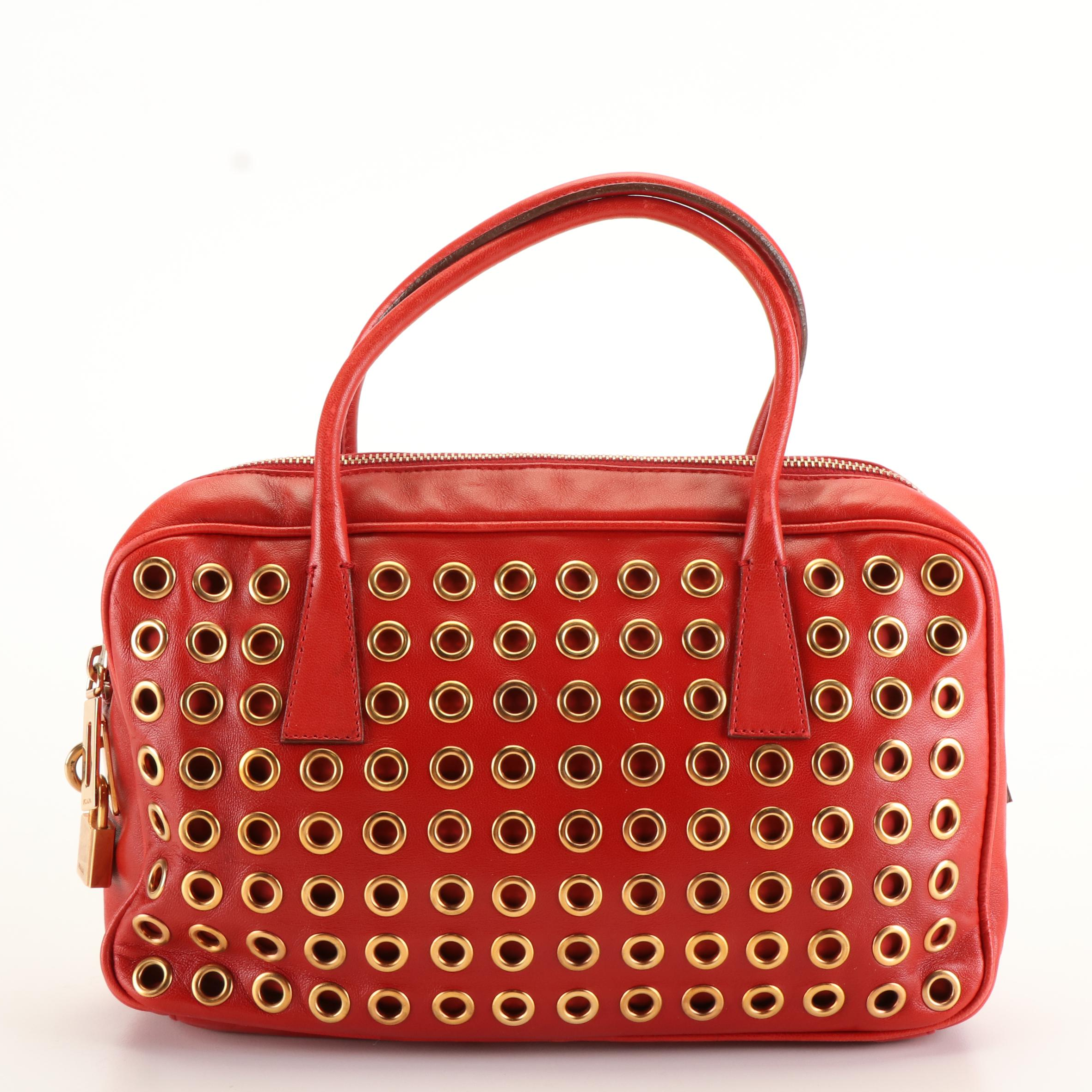 Prada Grommet Bauletto Bag in Red Nappa Leather