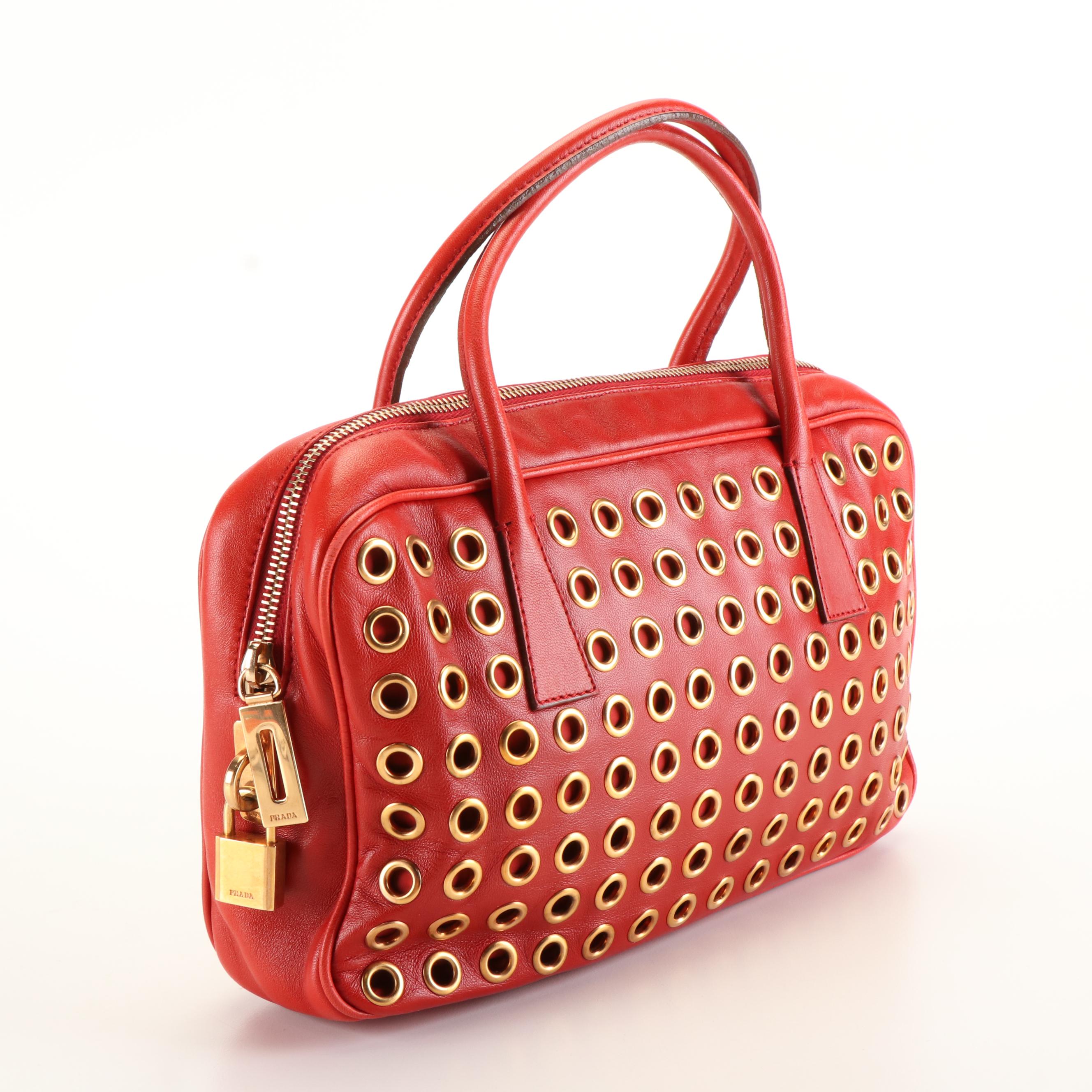 Prada Grommet Bauletto Bag in Red Nappa Leather