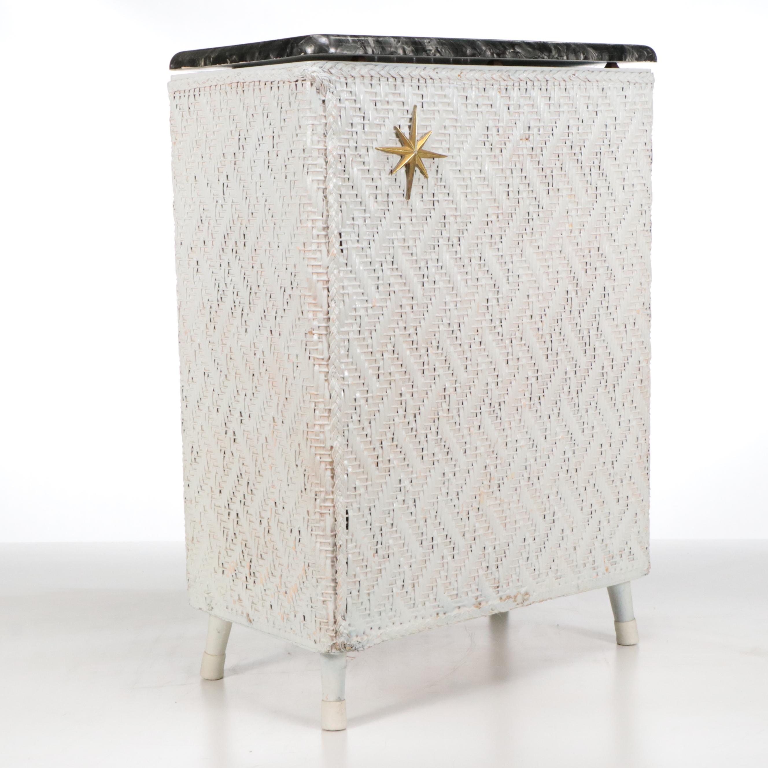 Mid Century Modern White Painted Wicker Clothes Hamper