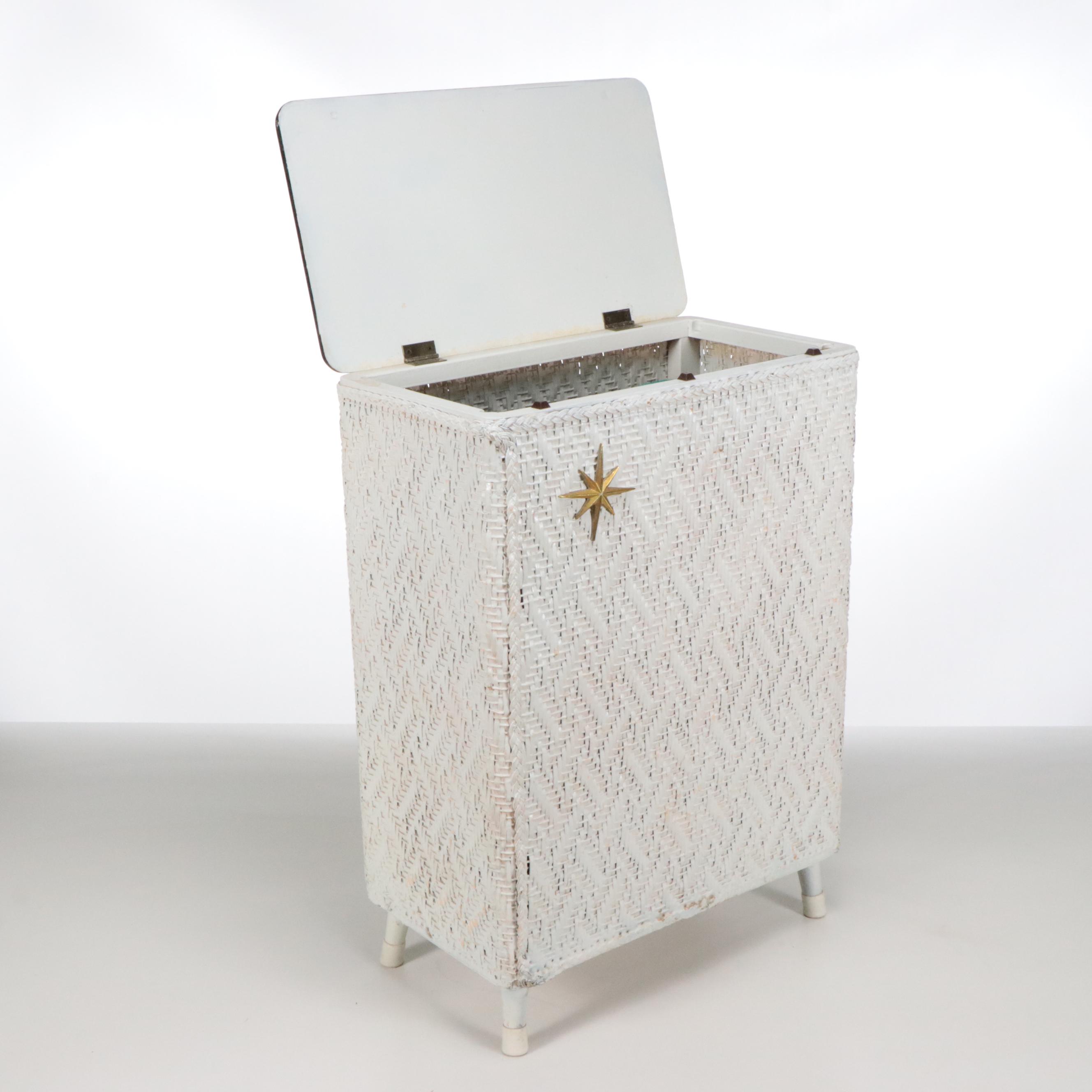 Mid Century Modern White Painted Wicker Clothes Hamper