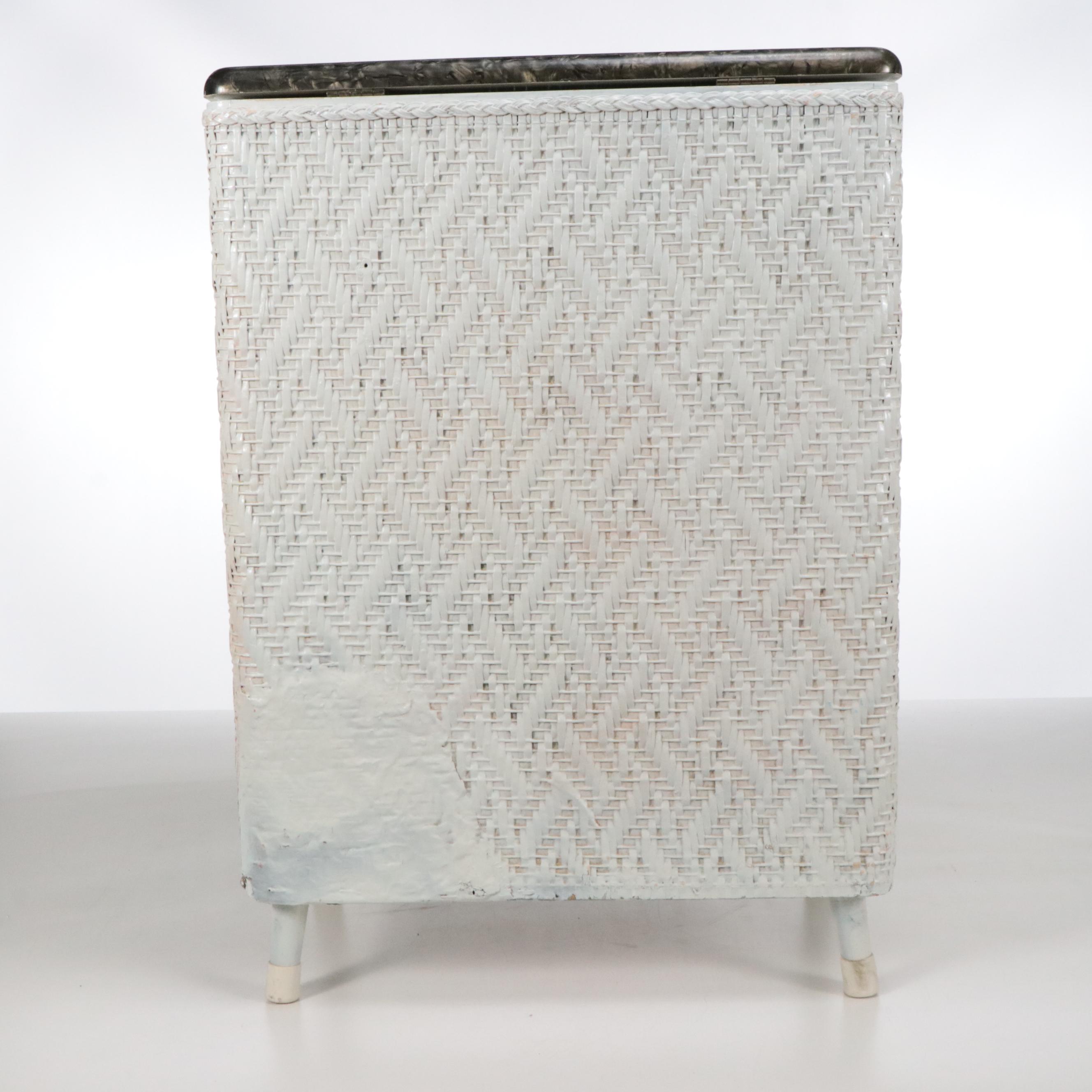 Mid Century Modern White Painted Wicker Clothes Hamper