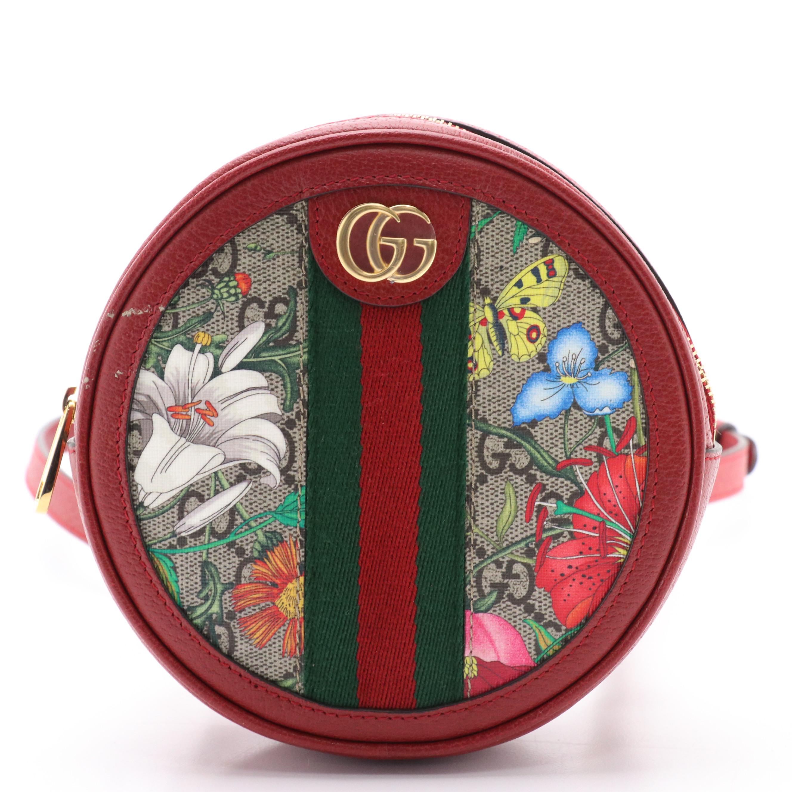 Gucci Ophidia Round Mini Backpack in Flora GG Supreme Canvas and Red Leather