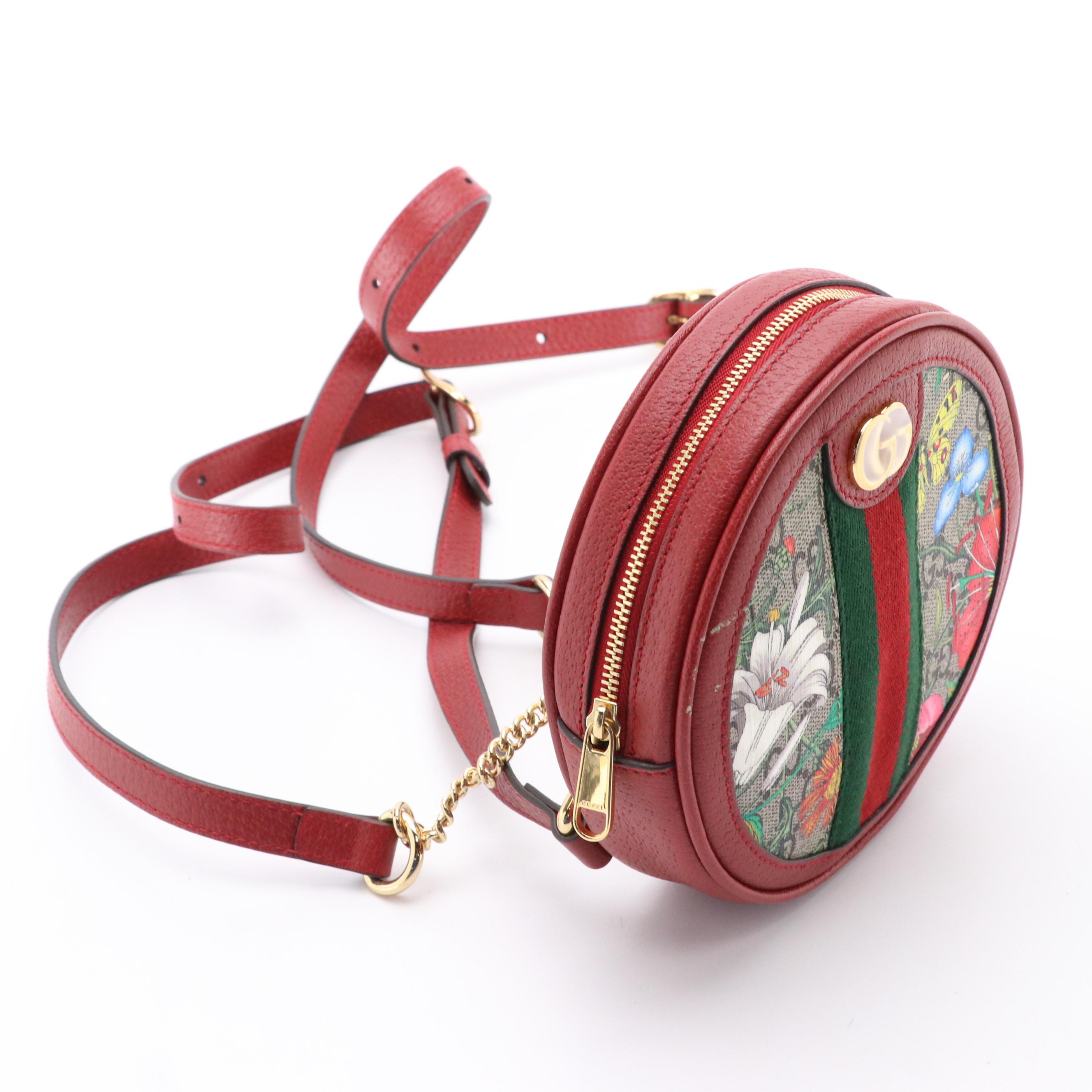 Gucci Ophidia Round Mini Backpack in Flora GG Supreme Canvas and Red Leather