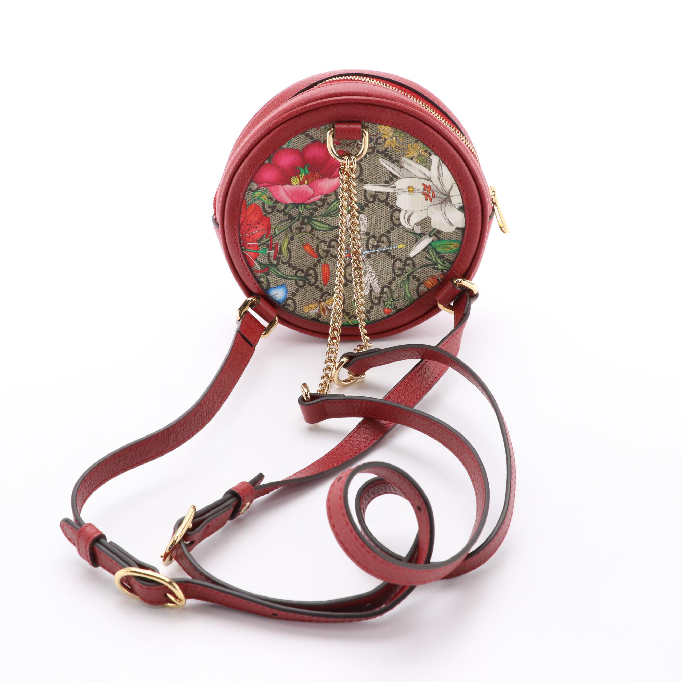 Gucci Ophidia Round Mini Backpack in Flora GG Supreme Canvas and Red Leather