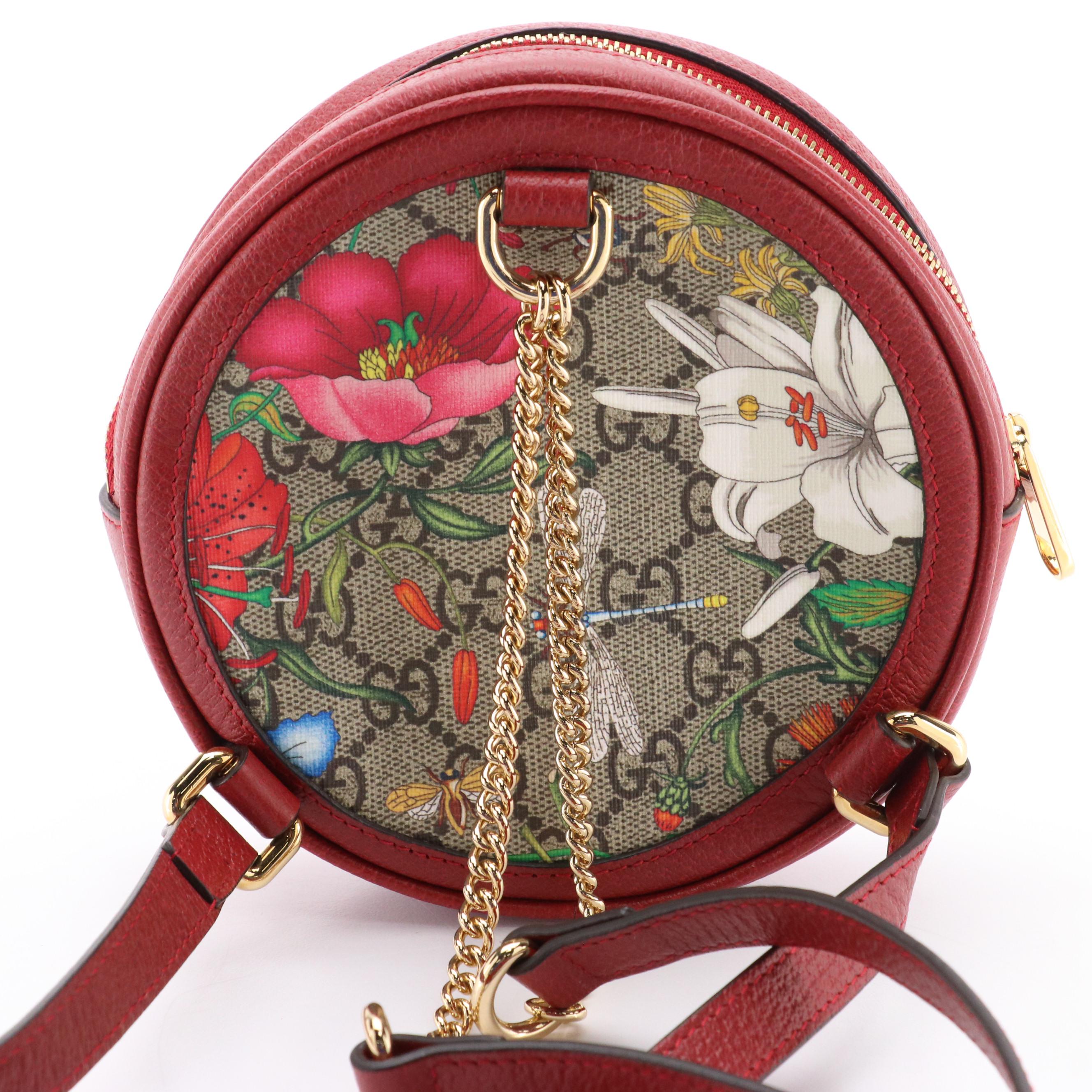 Gucci Ophidia Round Mini Backpack in Flora GG Supreme Canvas and Red Leather
