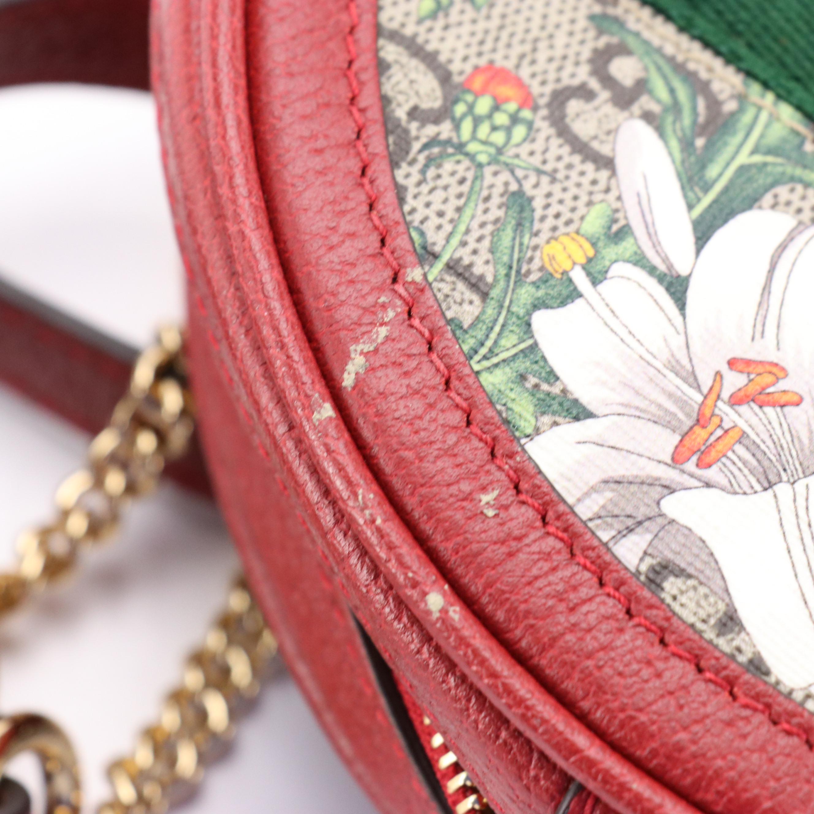 Gucci Ophidia Round Mini Backpack in Flora GG Supreme Canvas and Red Leather
