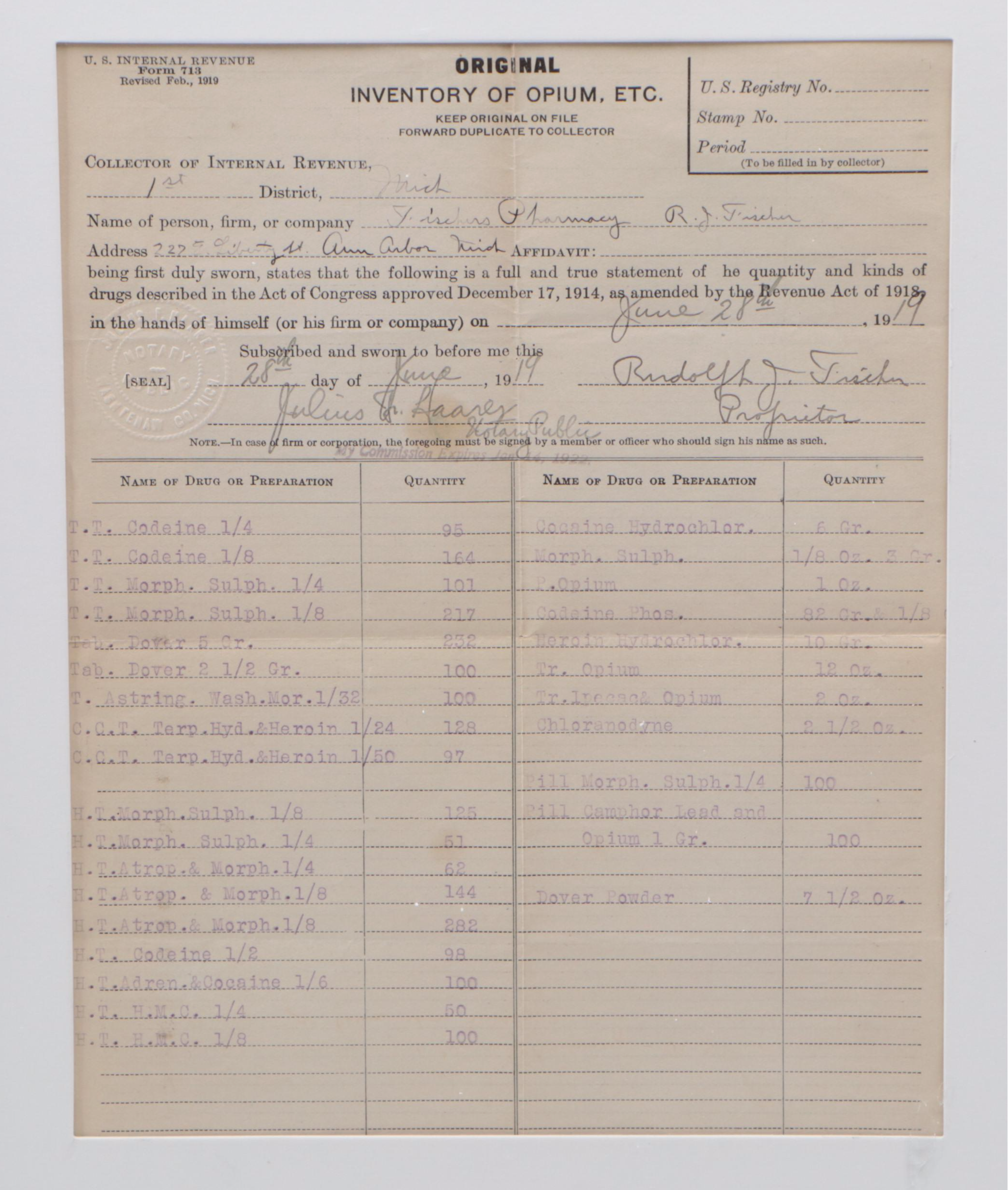 IRS Inventory Pharmacy Sheet Featuring Opium, Heroin, Cocaine and More, 1919