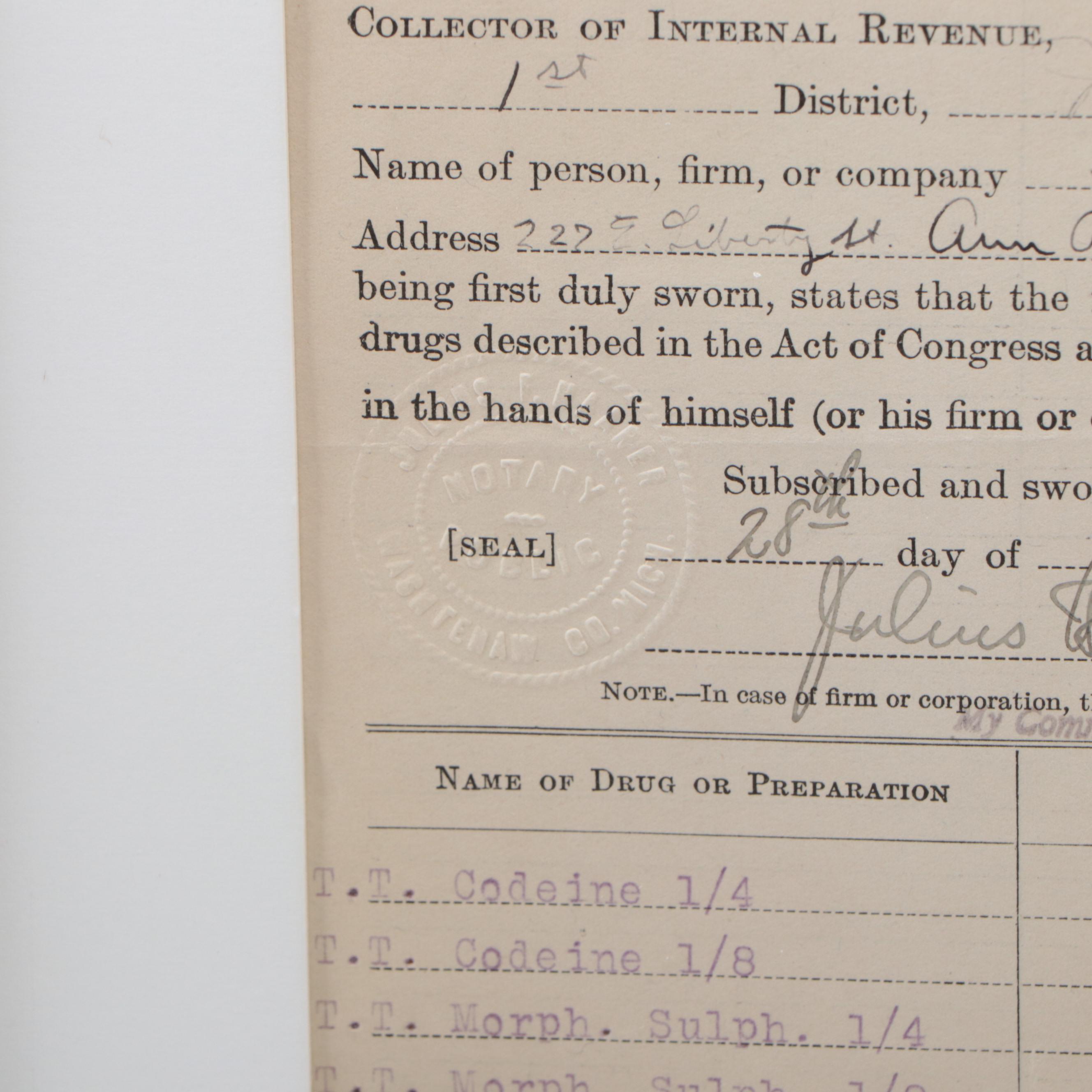 IRS Inventory Pharmacy Sheet Featuring Opium, Heroin, Cocaine and More, 1919