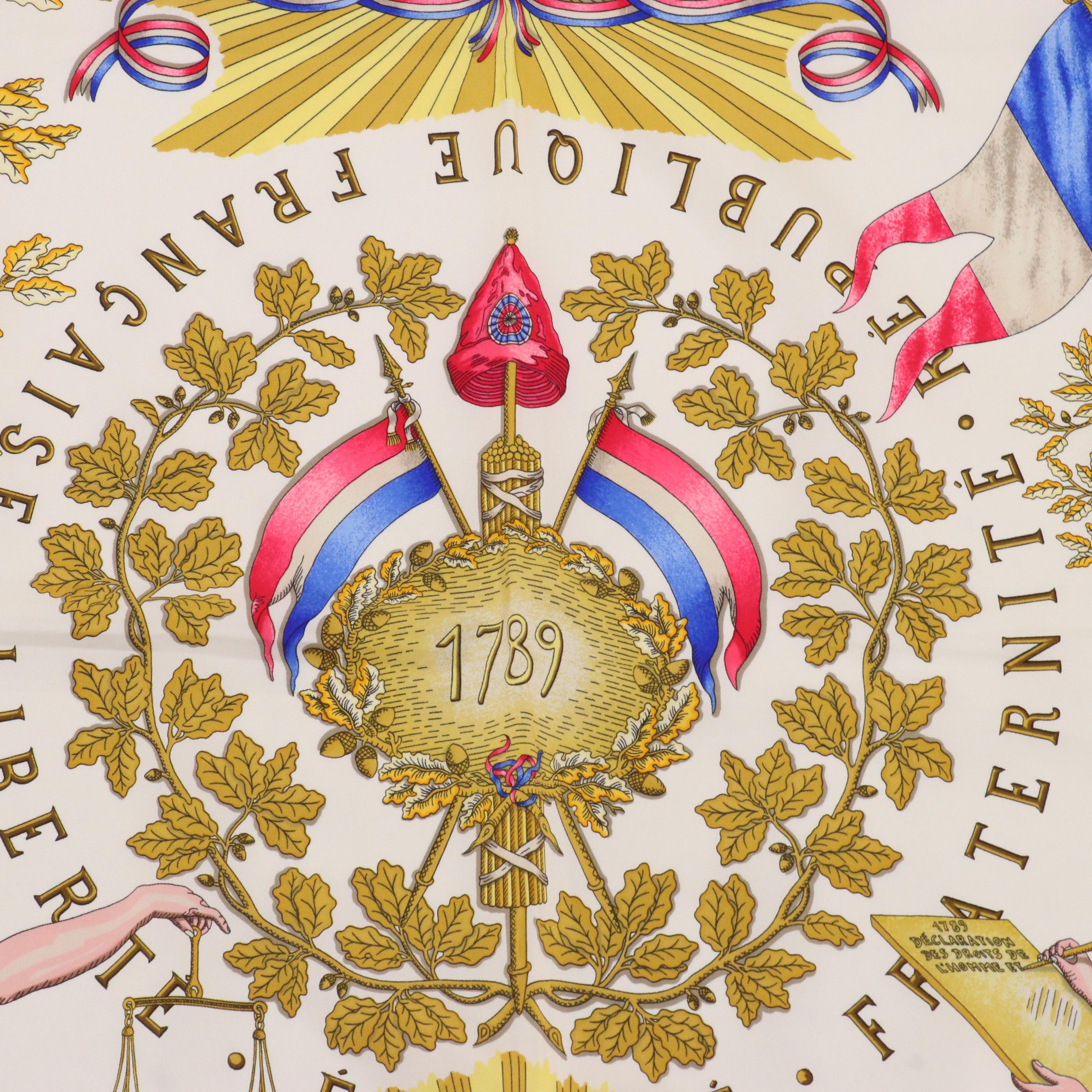 Hermès"Liberte Egalite Fraternite 1789 Republique Francaise" Silk Twill Scarf 90