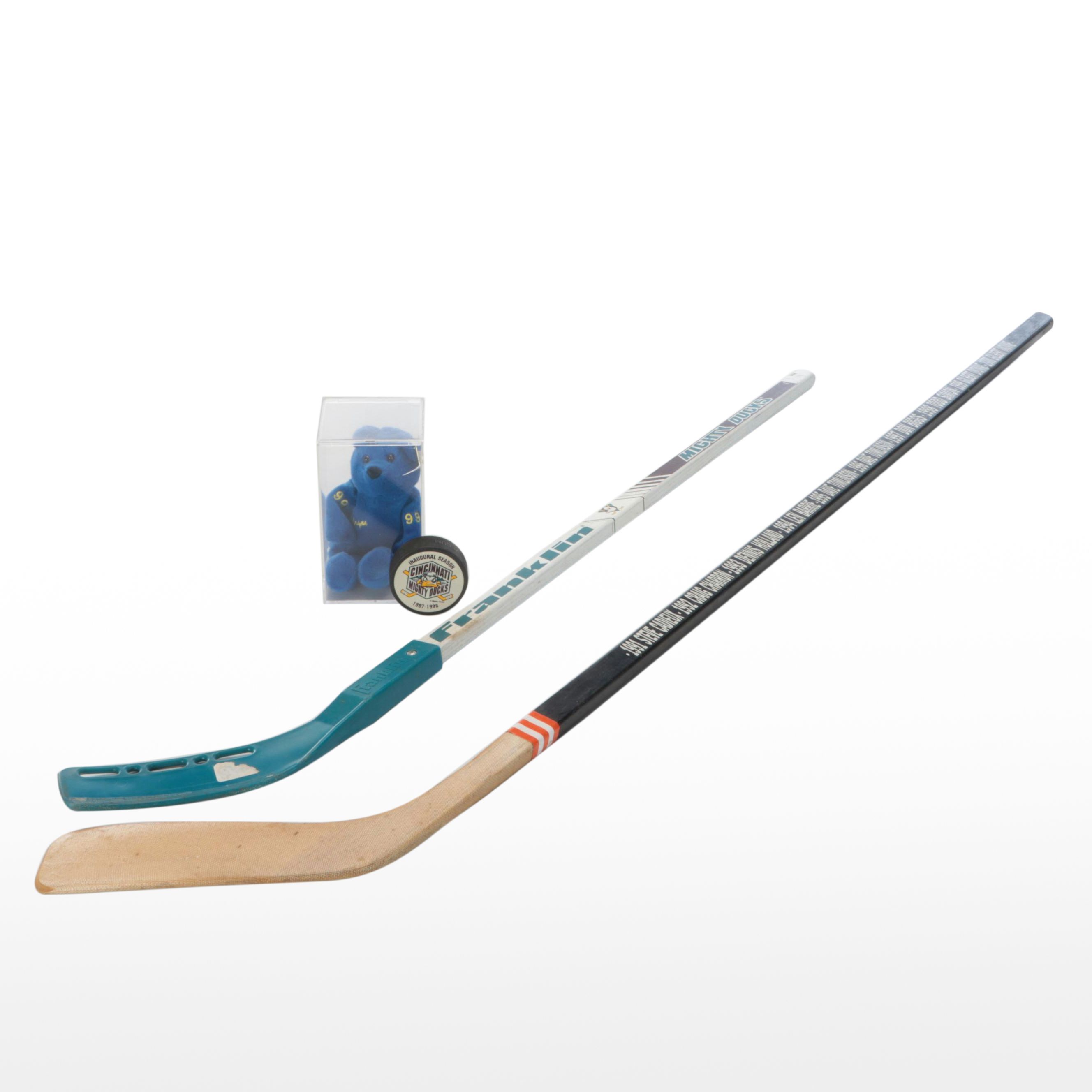 Cincinnati Cyclones and Mighty Ducks Hockey Sticks and Puck with Gretzky Bear