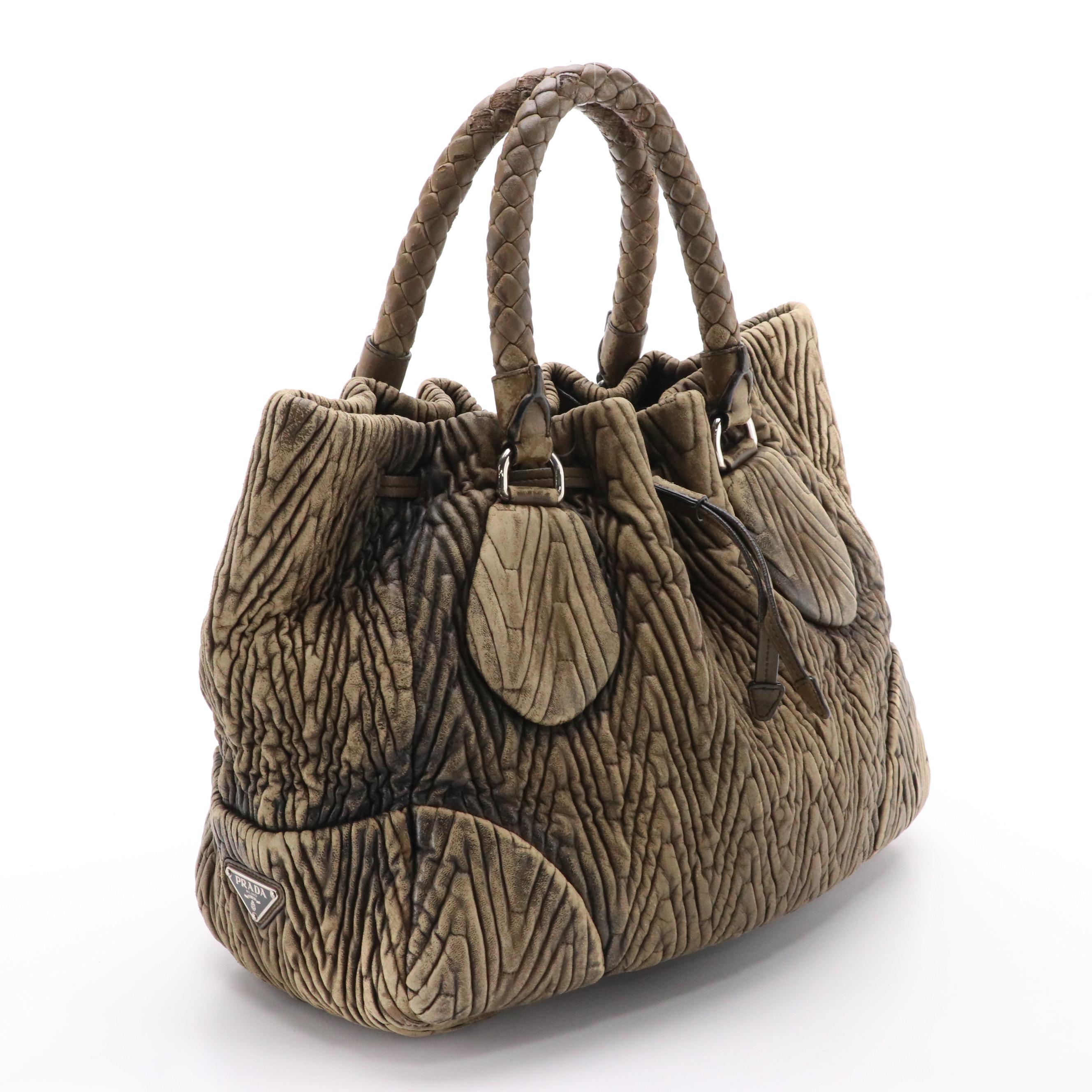 Prada Quilted Leather Sfumato Drawstring Tote with Braided Handles