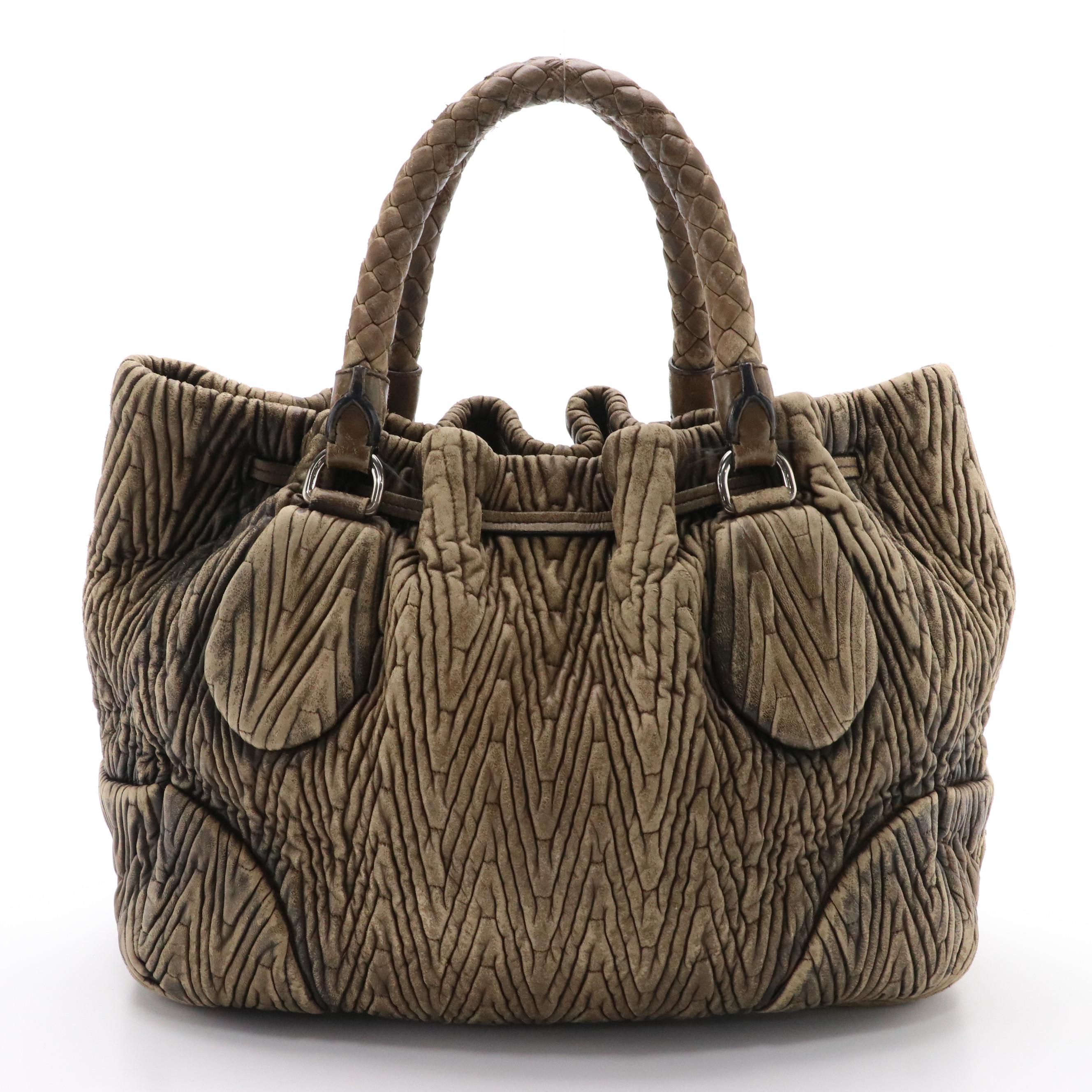 Prada Quilted Leather Sfumato Drawstring Tote with Braided Handles