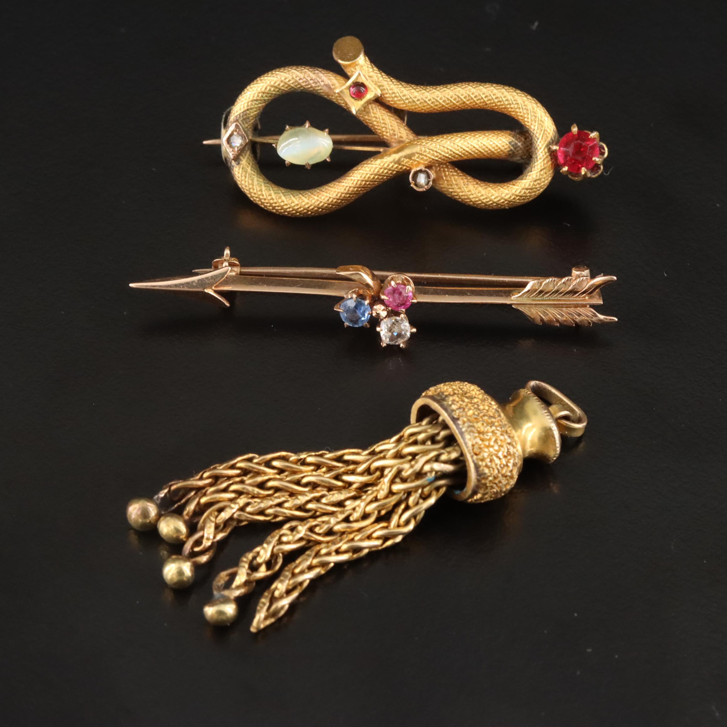 Victorian 14K Arrow & Loop Pins with Tassel Pendant