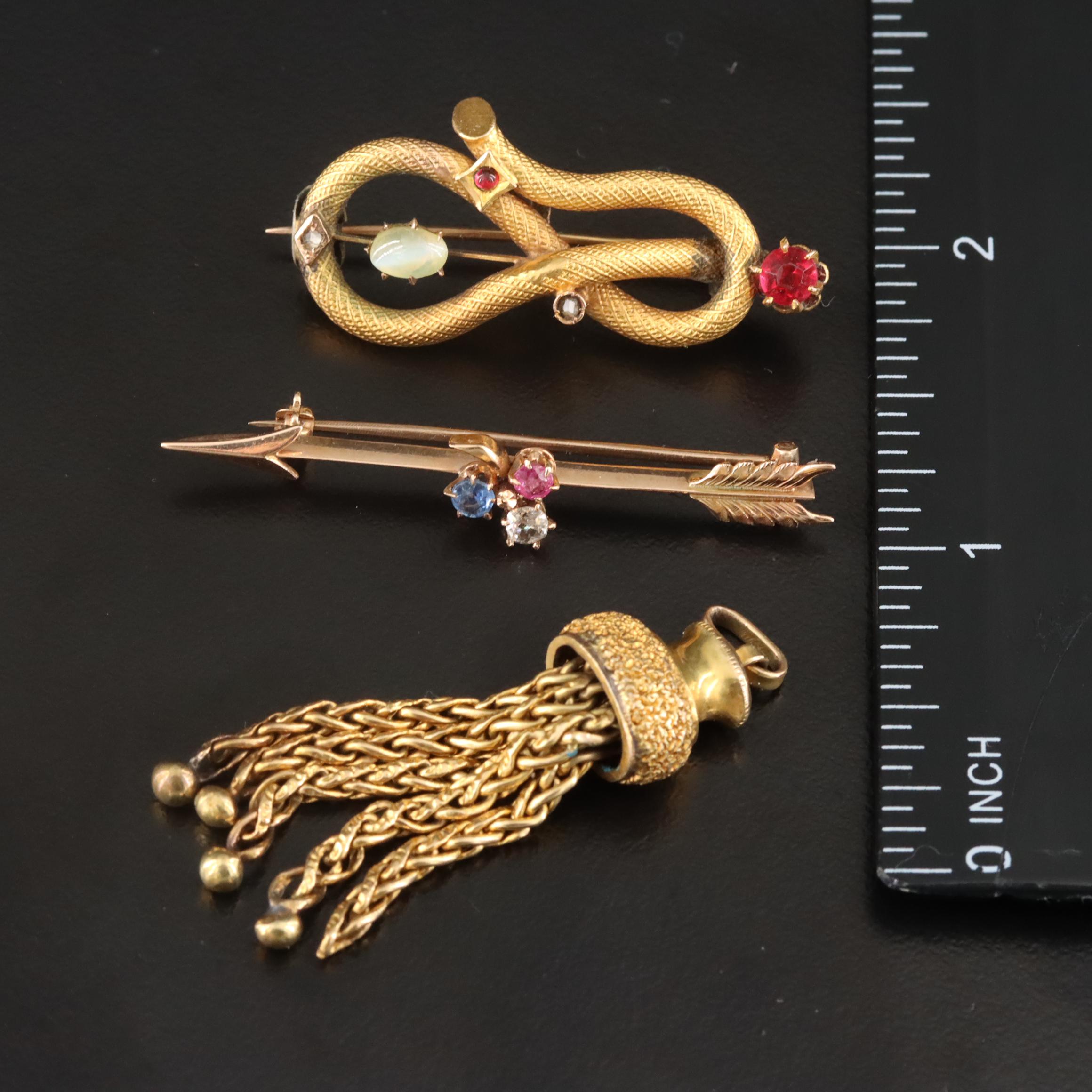 Victorian 14K Arrow & Loop Pins with Tassel Pendant
