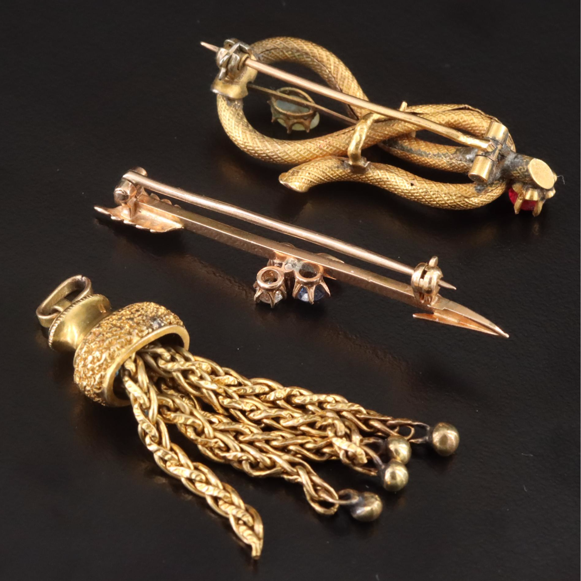 Victorian 14K Arrow & Loop Pins with Tassel Pendant