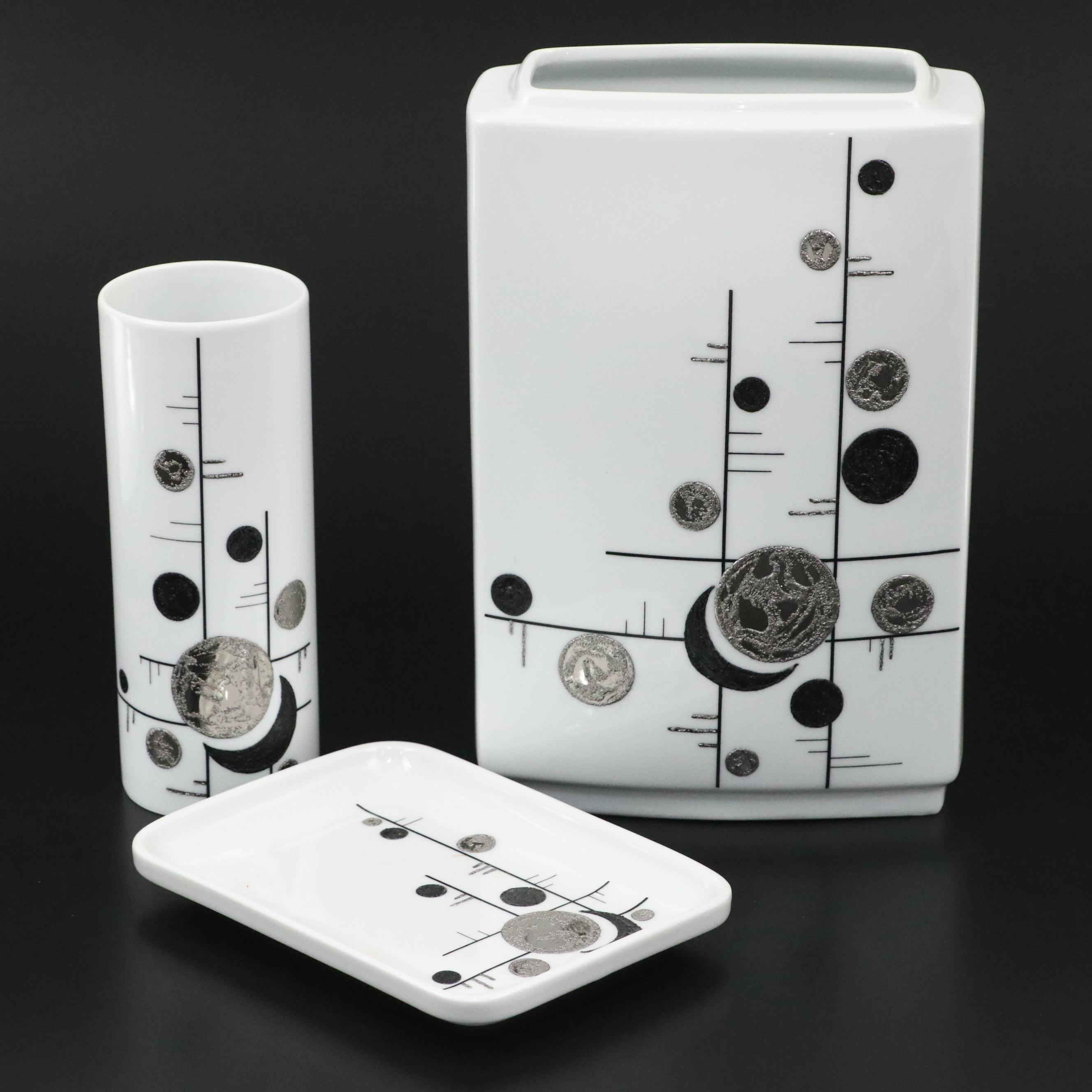 Danish Modern Merry's Design Porcelain Moon Phase Motif Vases and Plate