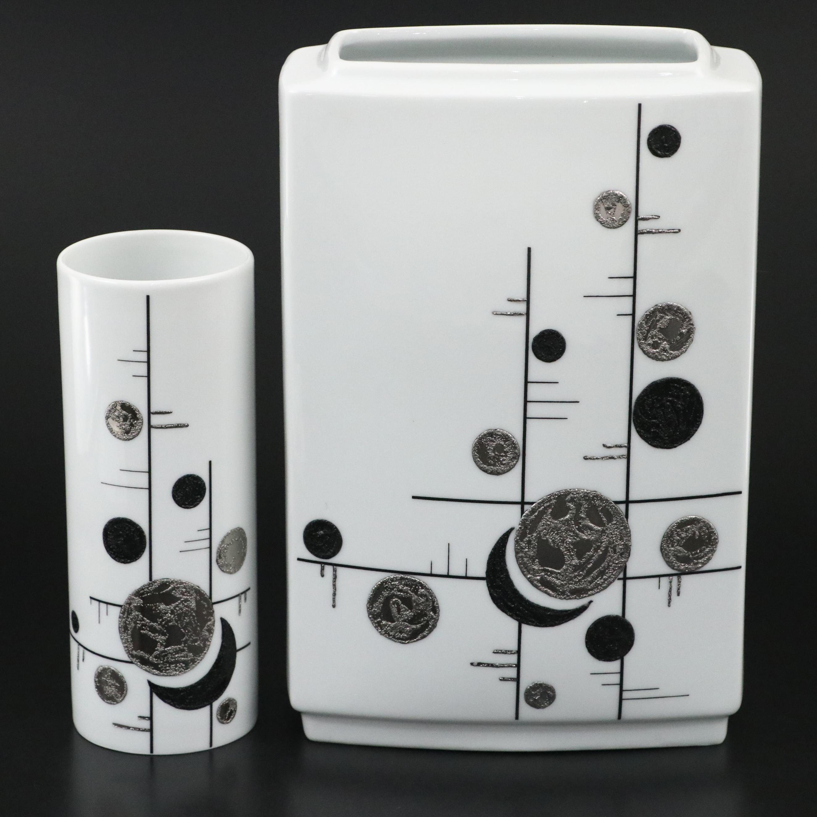 Danish Modern Merry's Design Porcelain Moon Phase Motif Vases and Plate