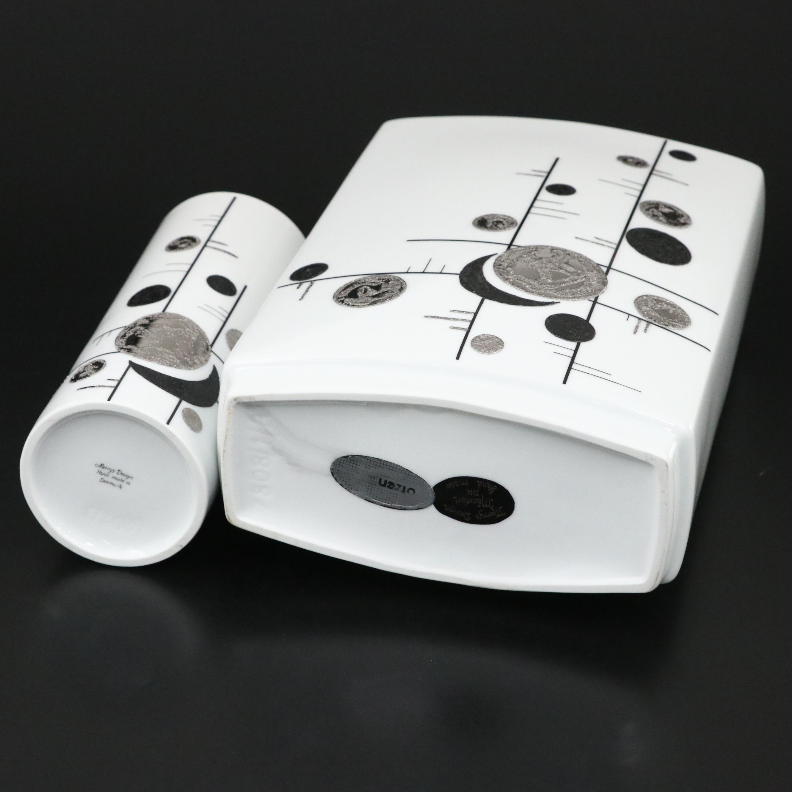 Danish Modern Merry's Design Porcelain Moon Phase Motif Vases and Plate