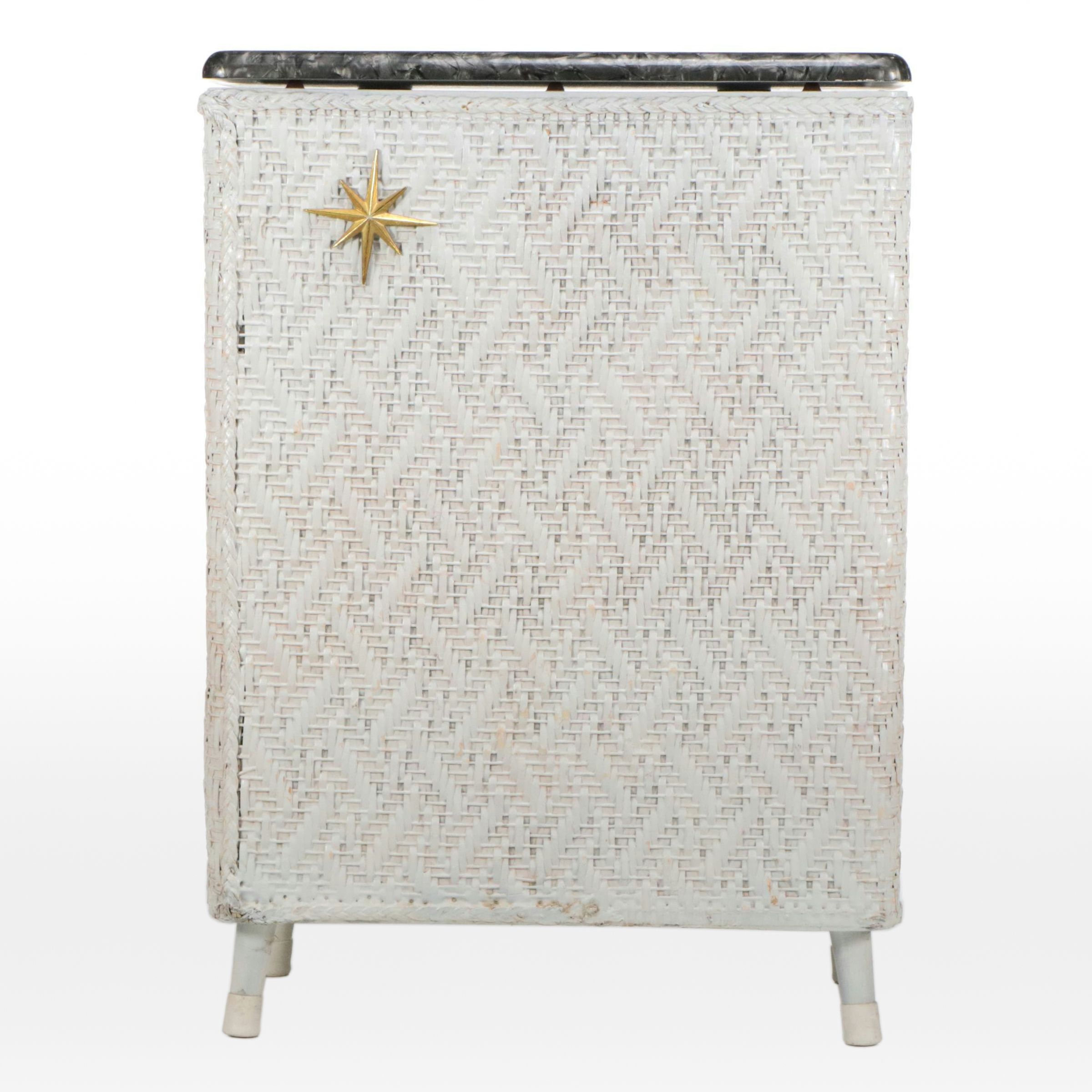 Mid Century Modern White Painted Wicker Clothes Hamper