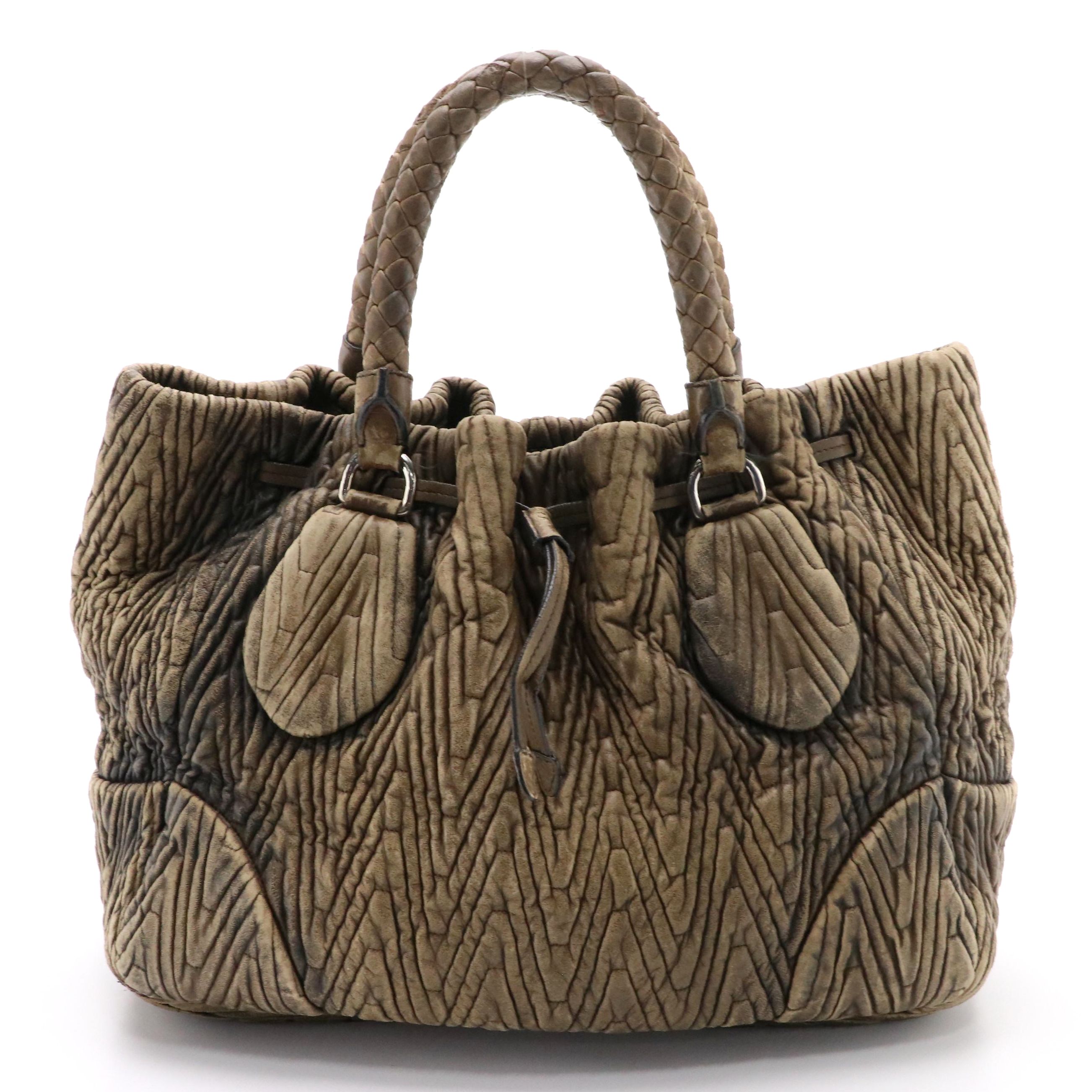 Prada Quilted Leather Sfumato Drawstring Tote with Braided Handles