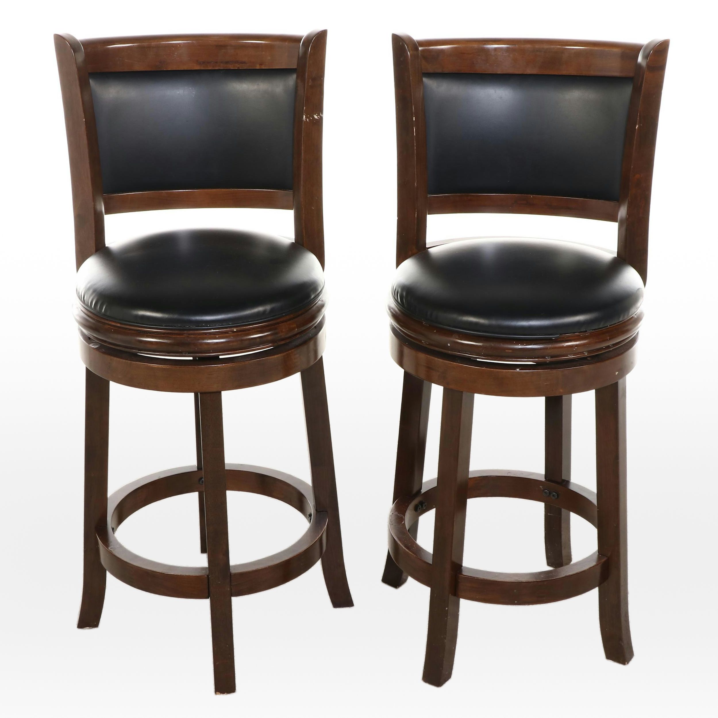 Pair of Contemporary Walnut-Stained and Faux-Leather Swivel Counter Stools