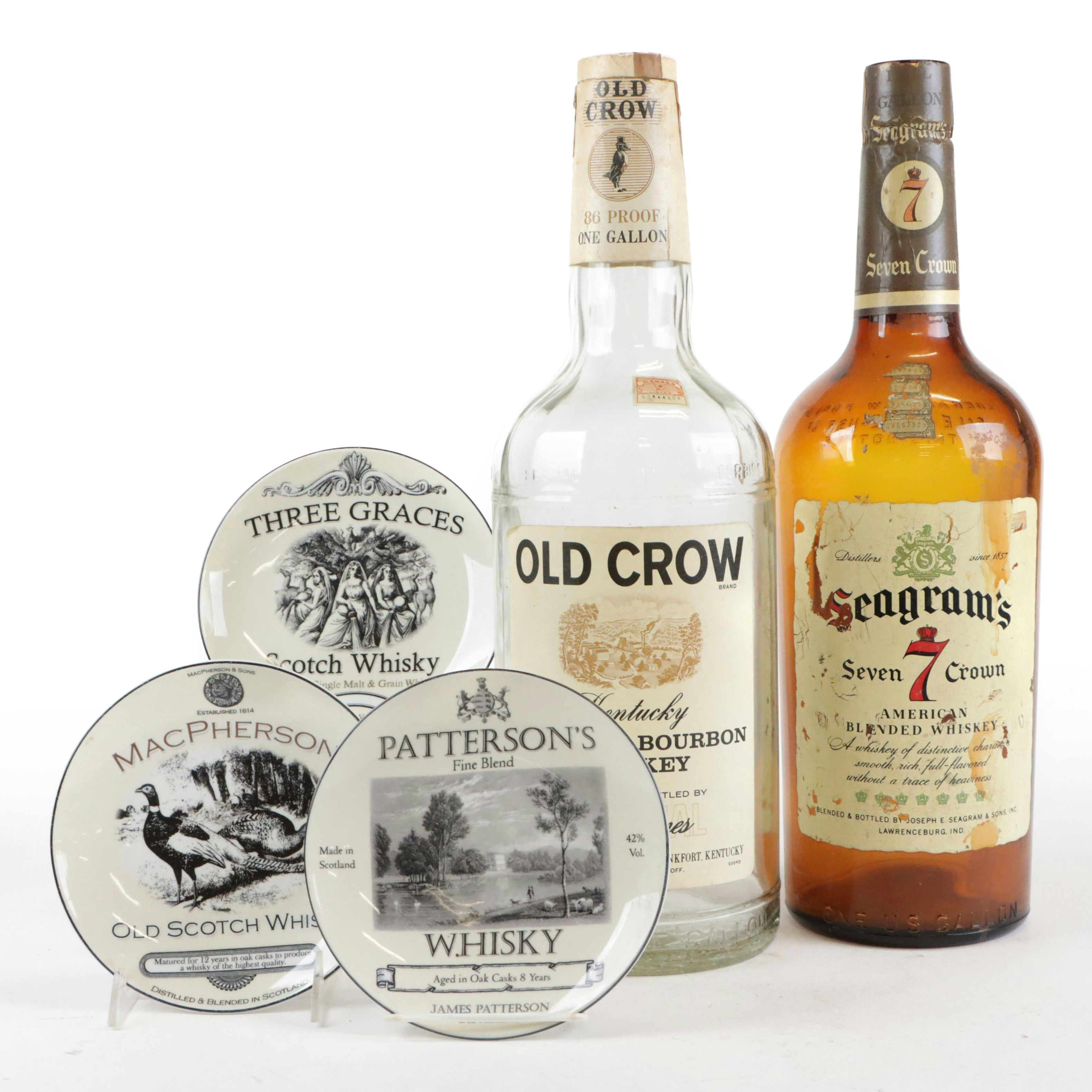 Old Crow and Seagram's Gallon Bottles and Porcelain Whiskey Plates