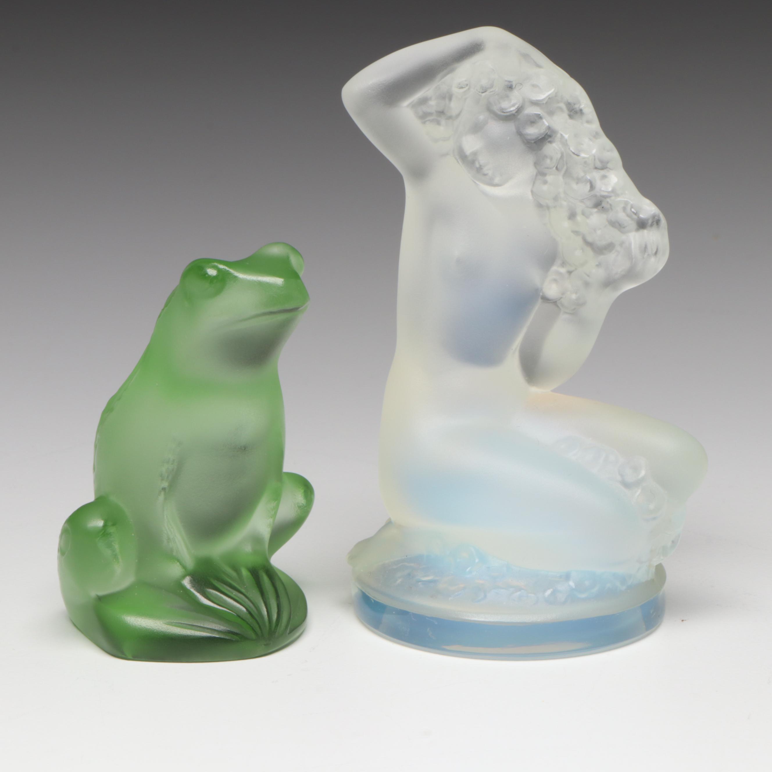 Lalique "Floreal" Opal and "Frog" Light Green Frosted Crystal Paperweights