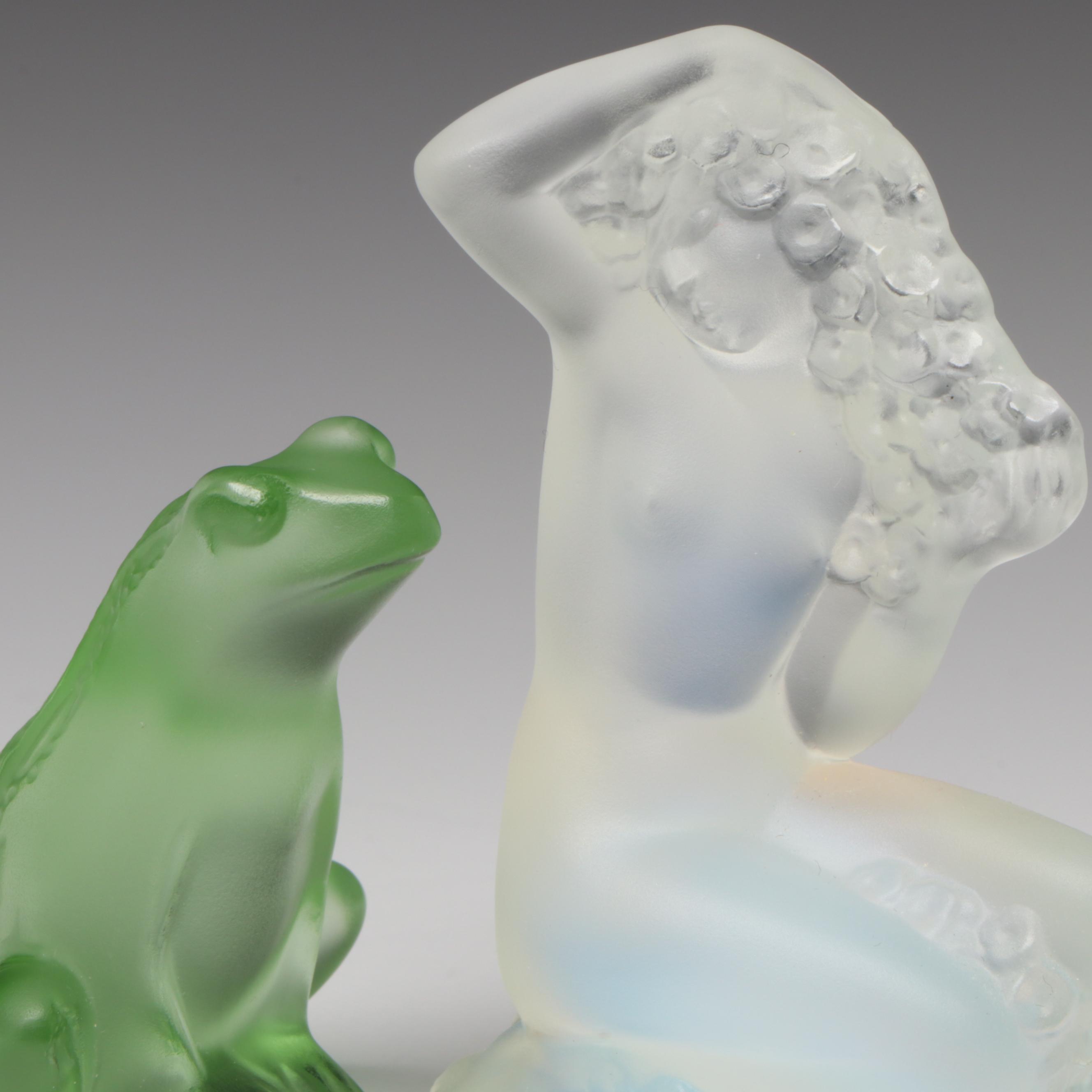 Lalique "Floreal" Opal and "Frog" Light Green Frosted Crystal Paperweights
