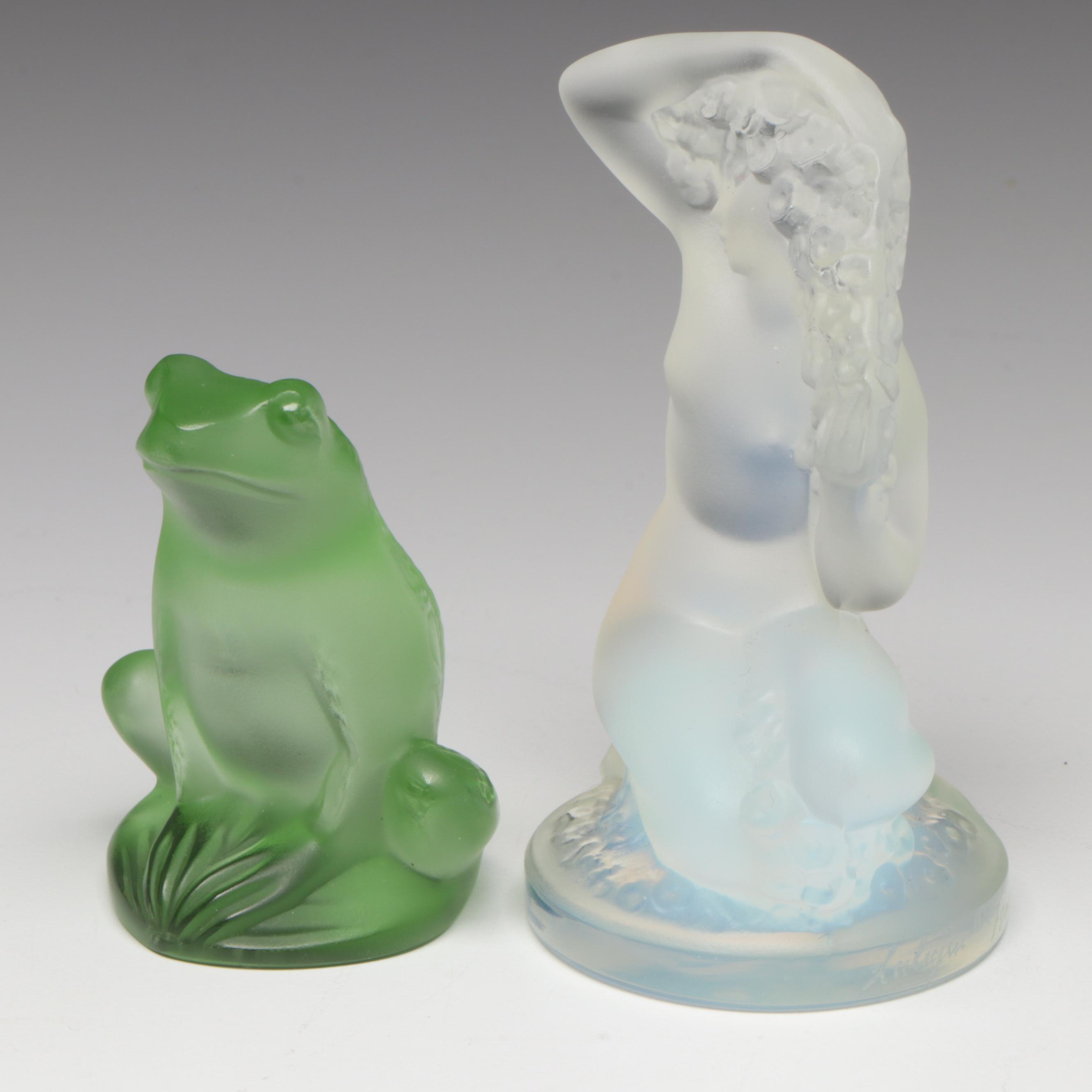 Lalique "Floreal" Opal and "Frog" Light Green Frosted Crystal Paperweights