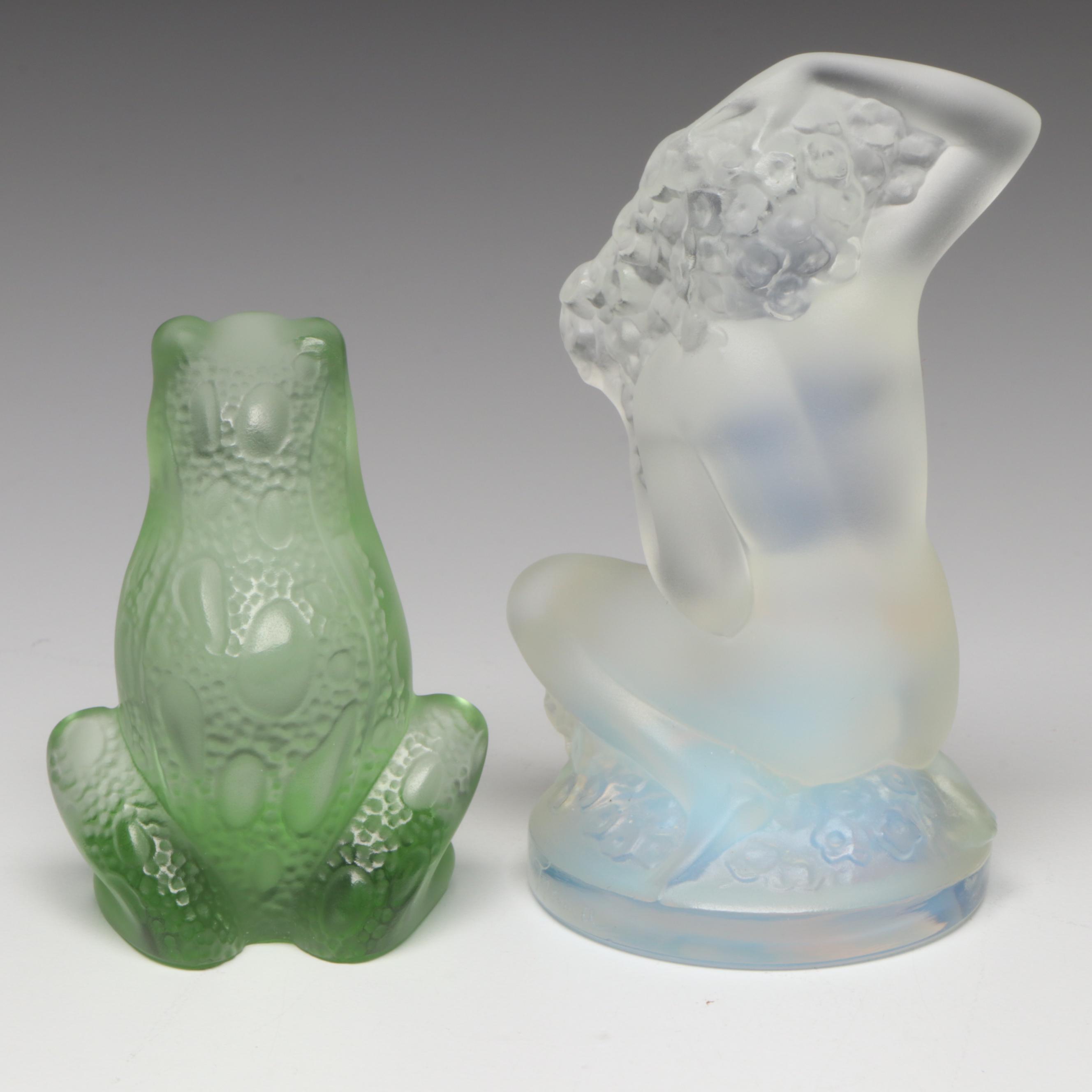 Lalique "Floreal" Opal and "Frog" Light Green Frosted Crystal Paperweights