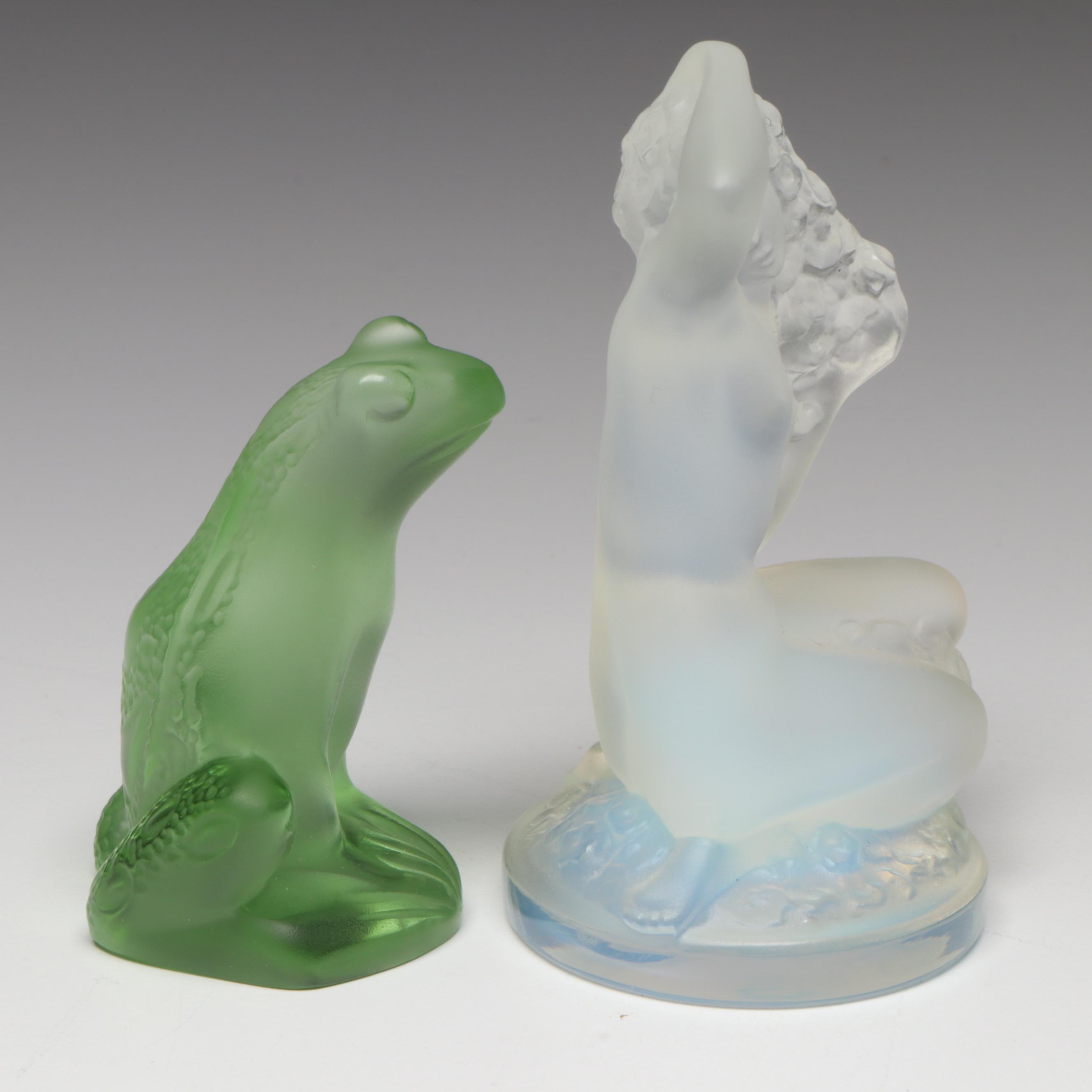 Lalique "Floreal" Opal and "Frog" Light Green Frosted Crystal Paperweights