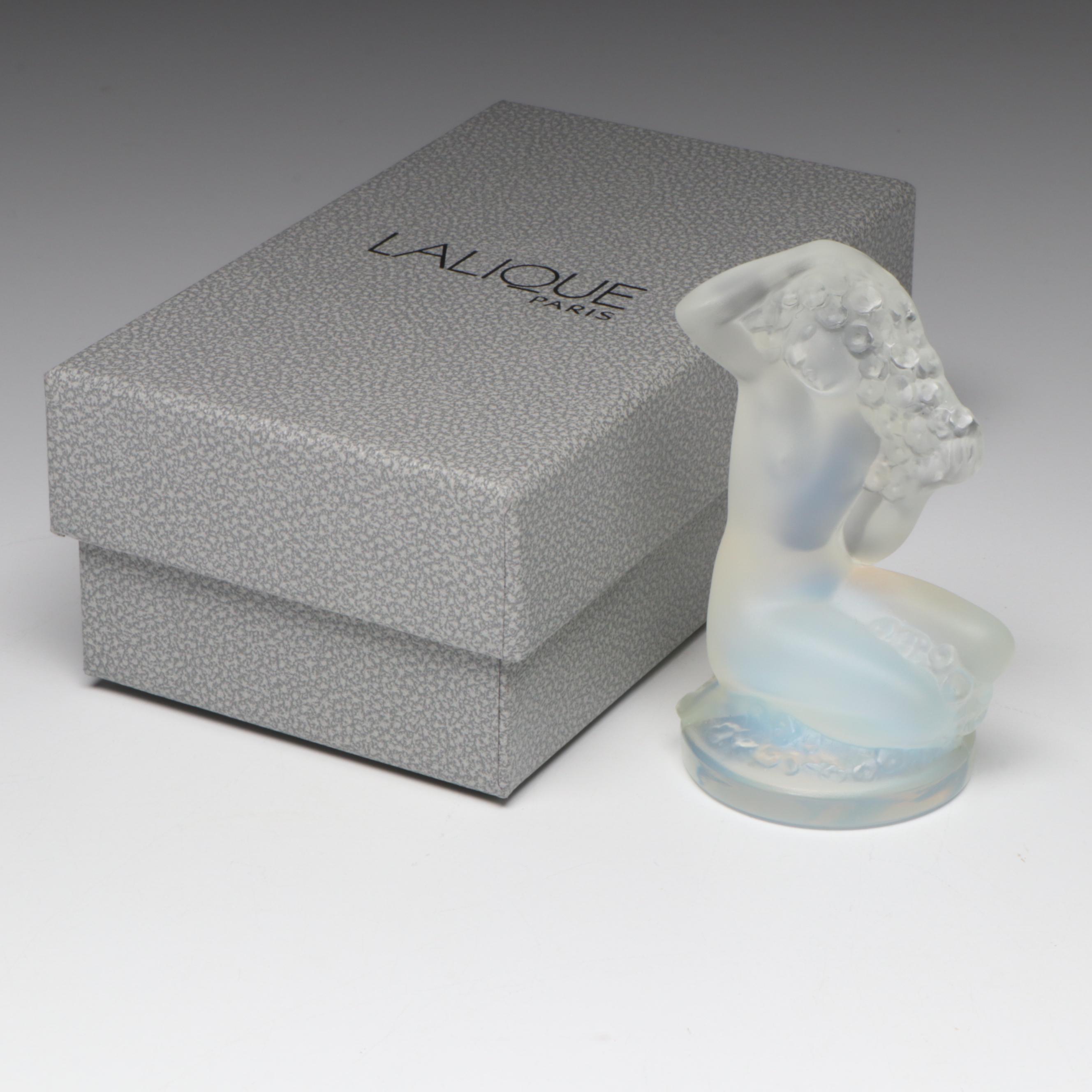 Lalique "Floreal" Opal and "Frog" Light Green Frosted Crystal Paperweights