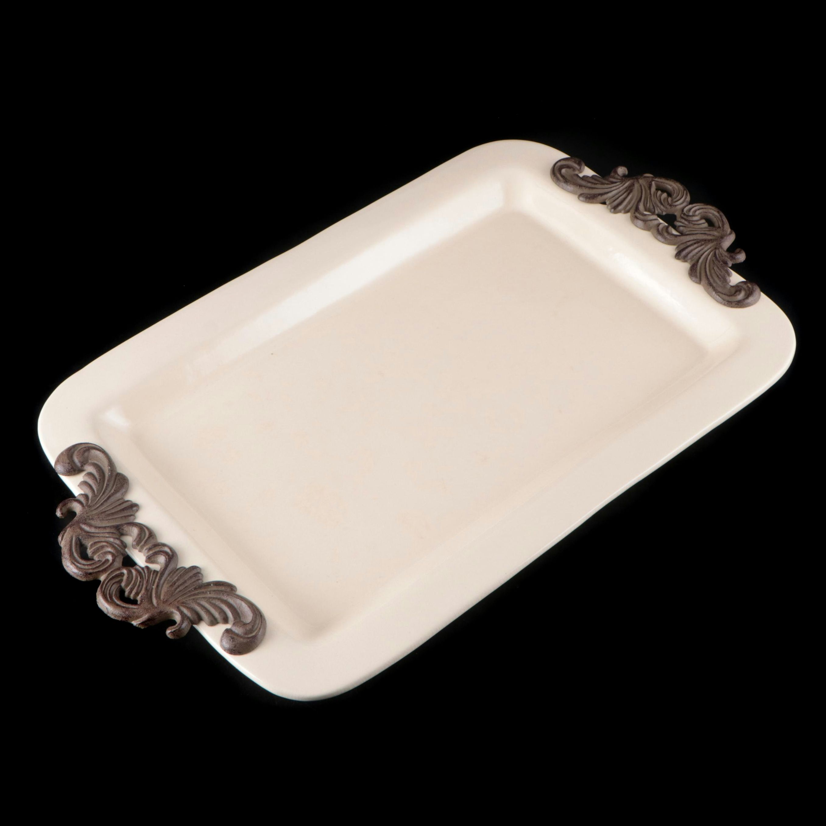 GG Collection "Acanthus" Cream Ceramic Rectangular Tray with Metal Handles