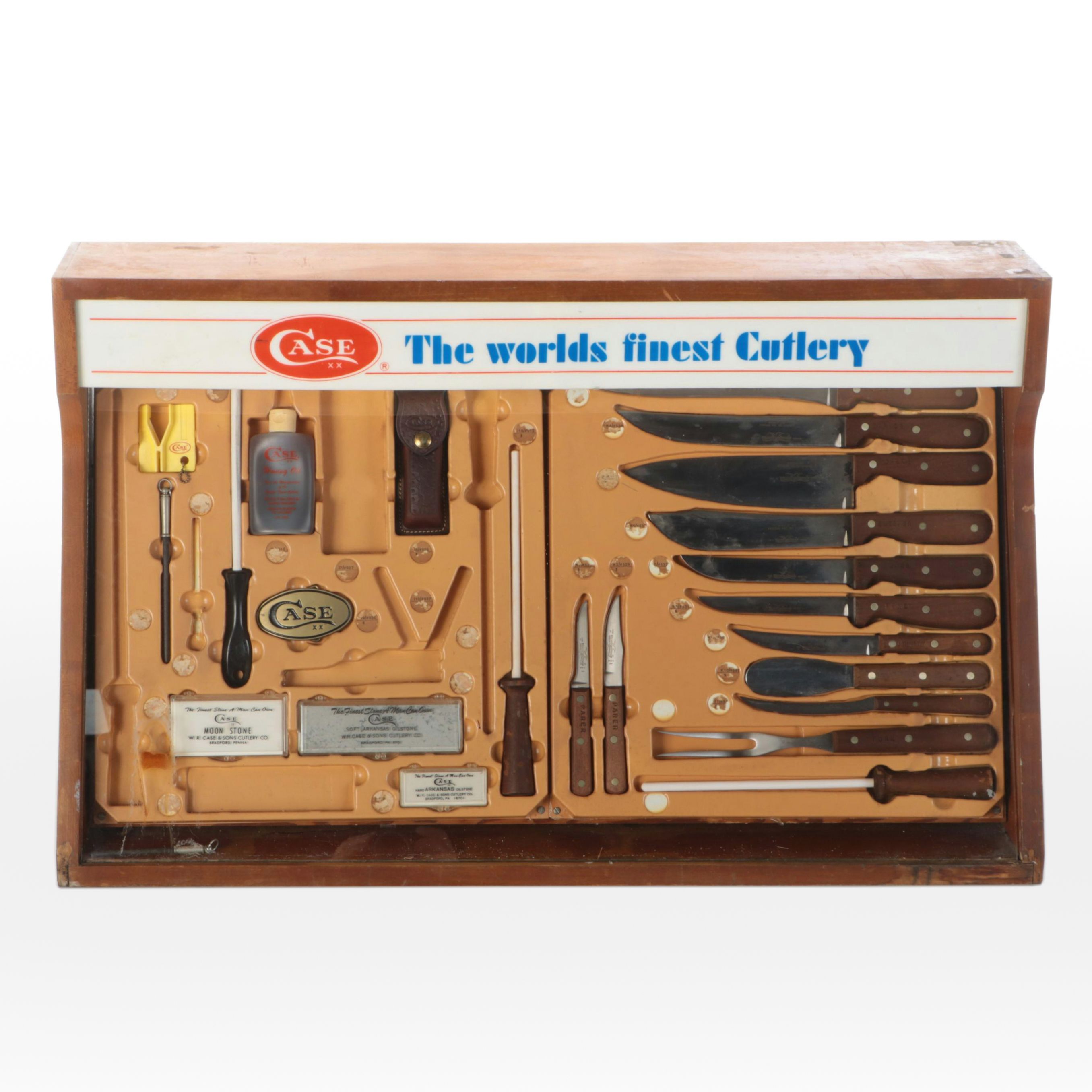 Case Kitchen Knife Set with Sharpening Steel and Whetstones in Display Case