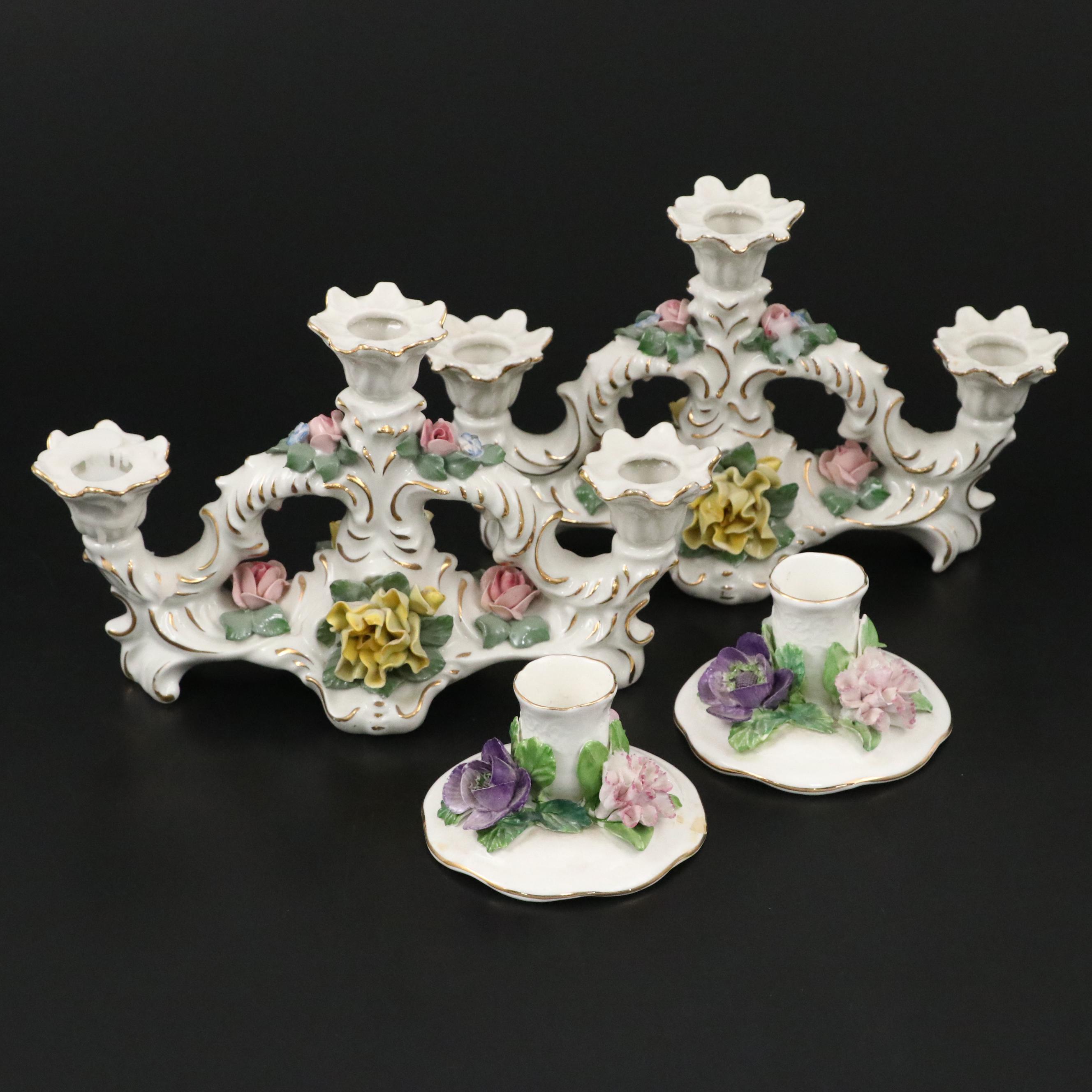 Dresden Porcelain Floral Candelabra and Crown Staffordshire Candle Holders