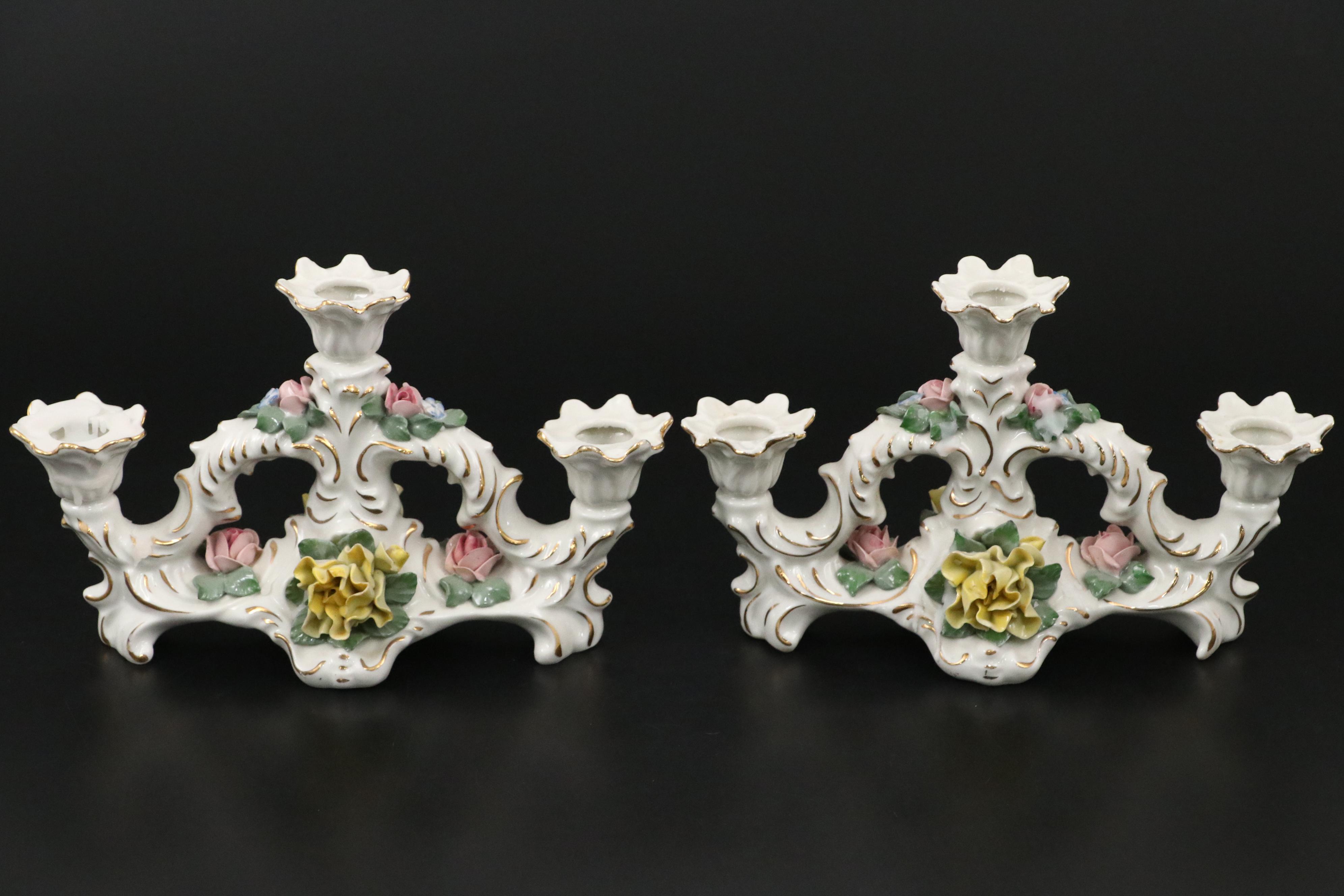 Dresden Porcelain Floral Candelabra and Crown Staffordshire Candle Holders
