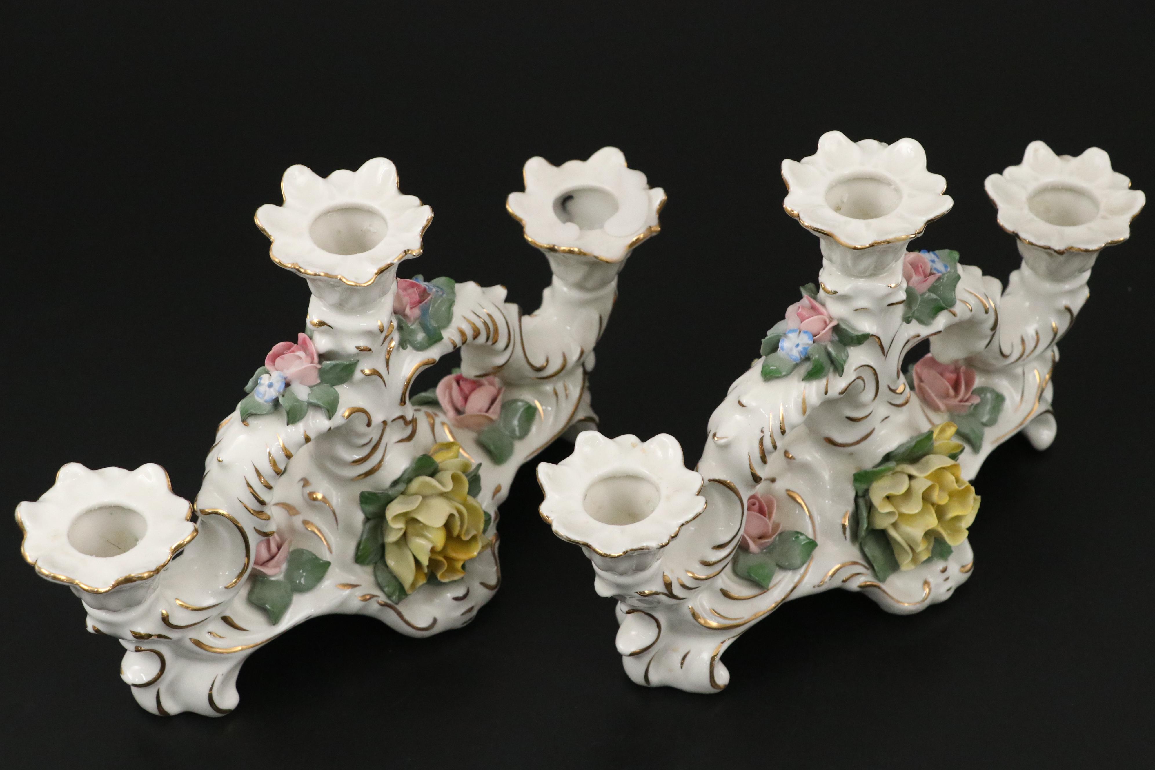 Dresden Porcelain Floral Candelabra and Crown Staffordshire Candle Holders
