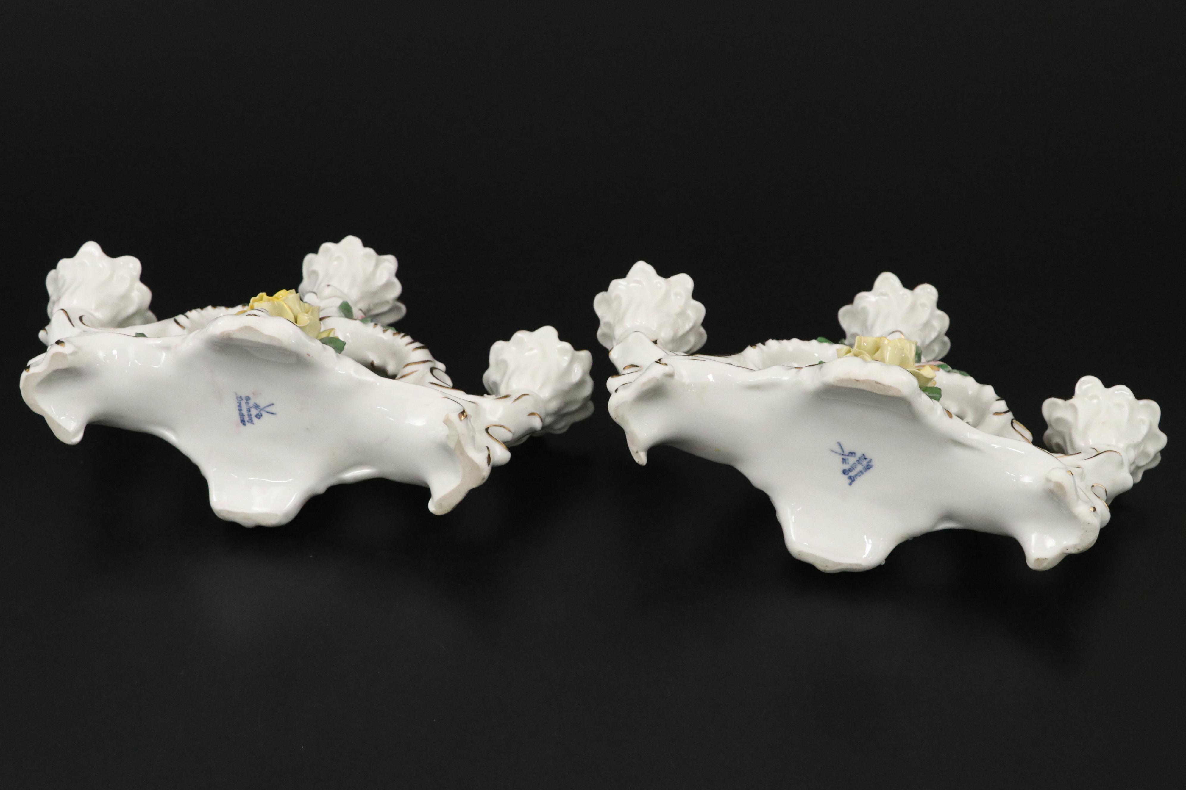 Dresden Porcelain Floral Candelabra and Crown Staffordshire Candle Holders