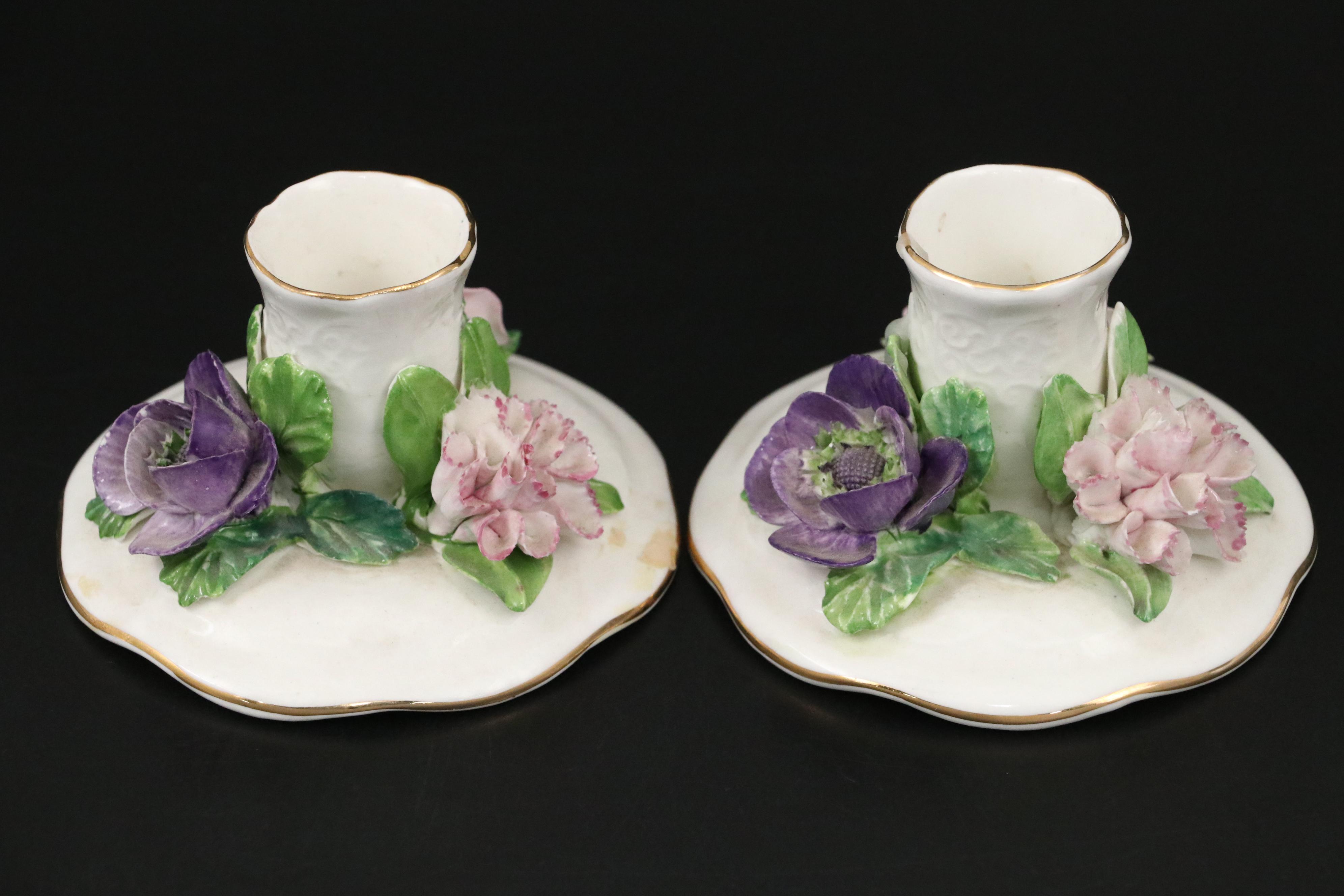Dresden Porcelain Floral Candelabra and Crown Staffordshire Candle Holders