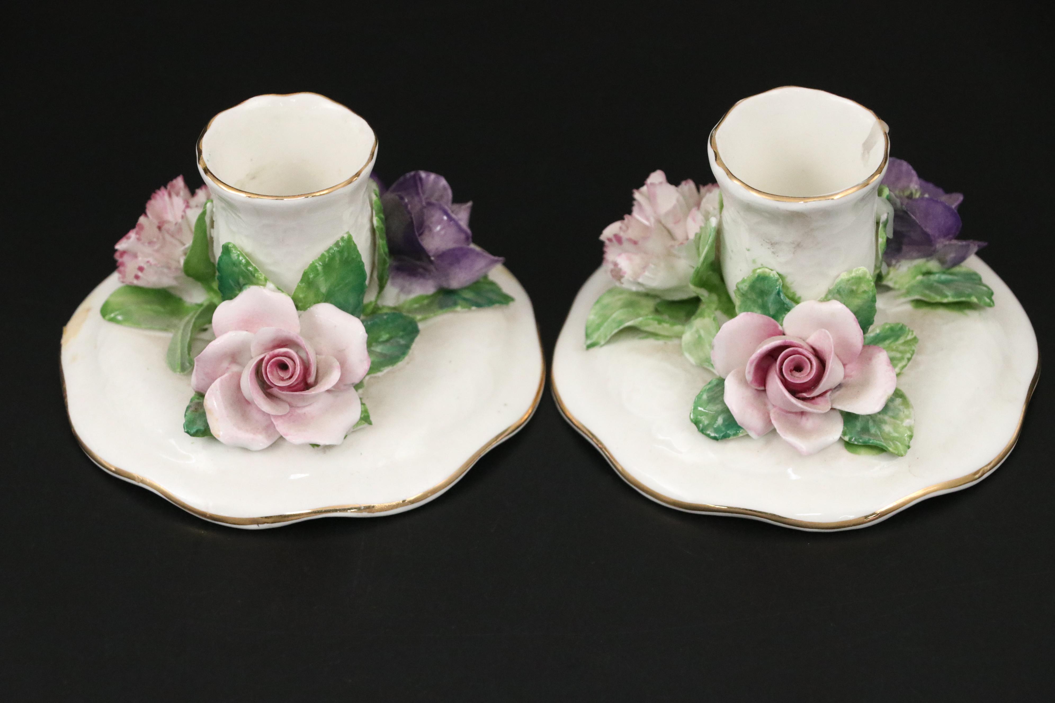 Dresden Porcelain Floral Candelabra and Crown Staffordshire Candle Holders