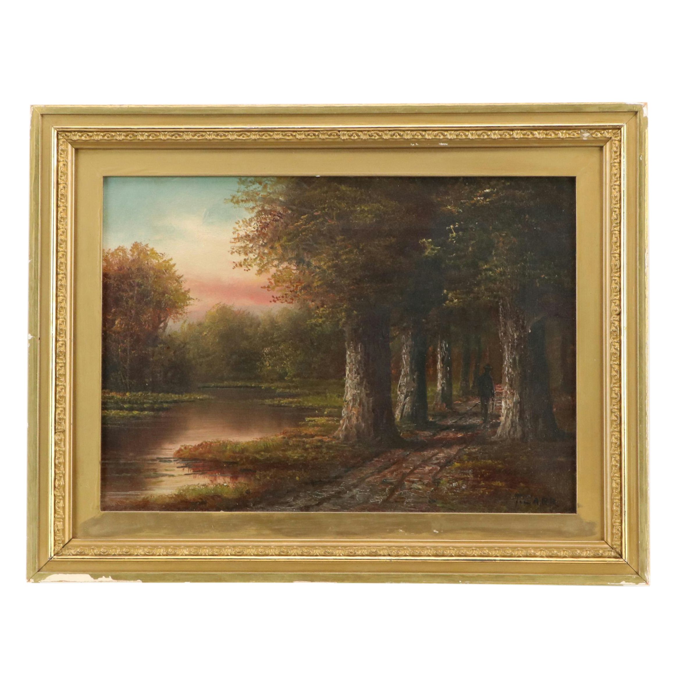 Landscape Oil Painting with Forest Path, Early 20th Century