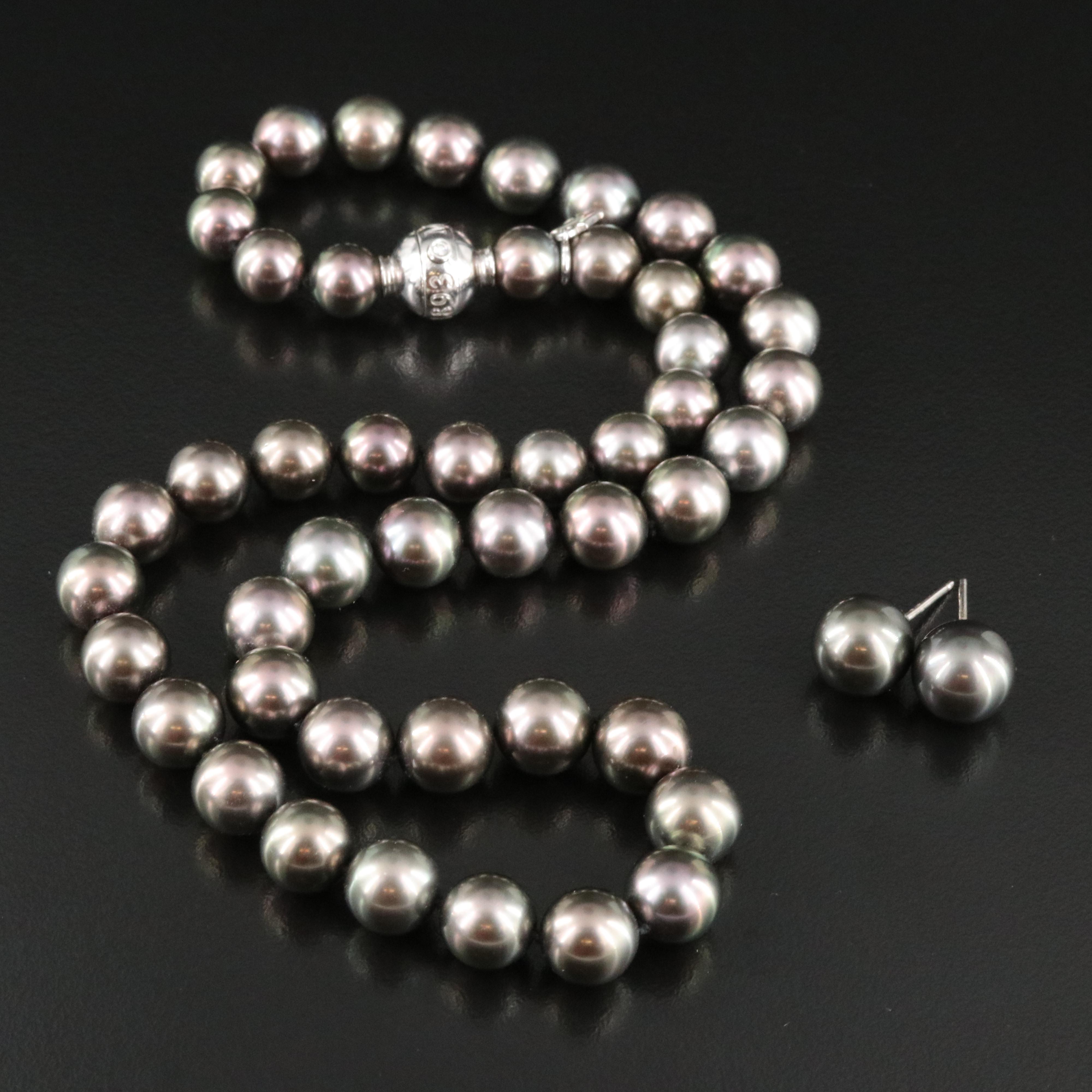 Mikimoto Graduated Pearl Necklace and Earrings 18K Clasp and Diamond