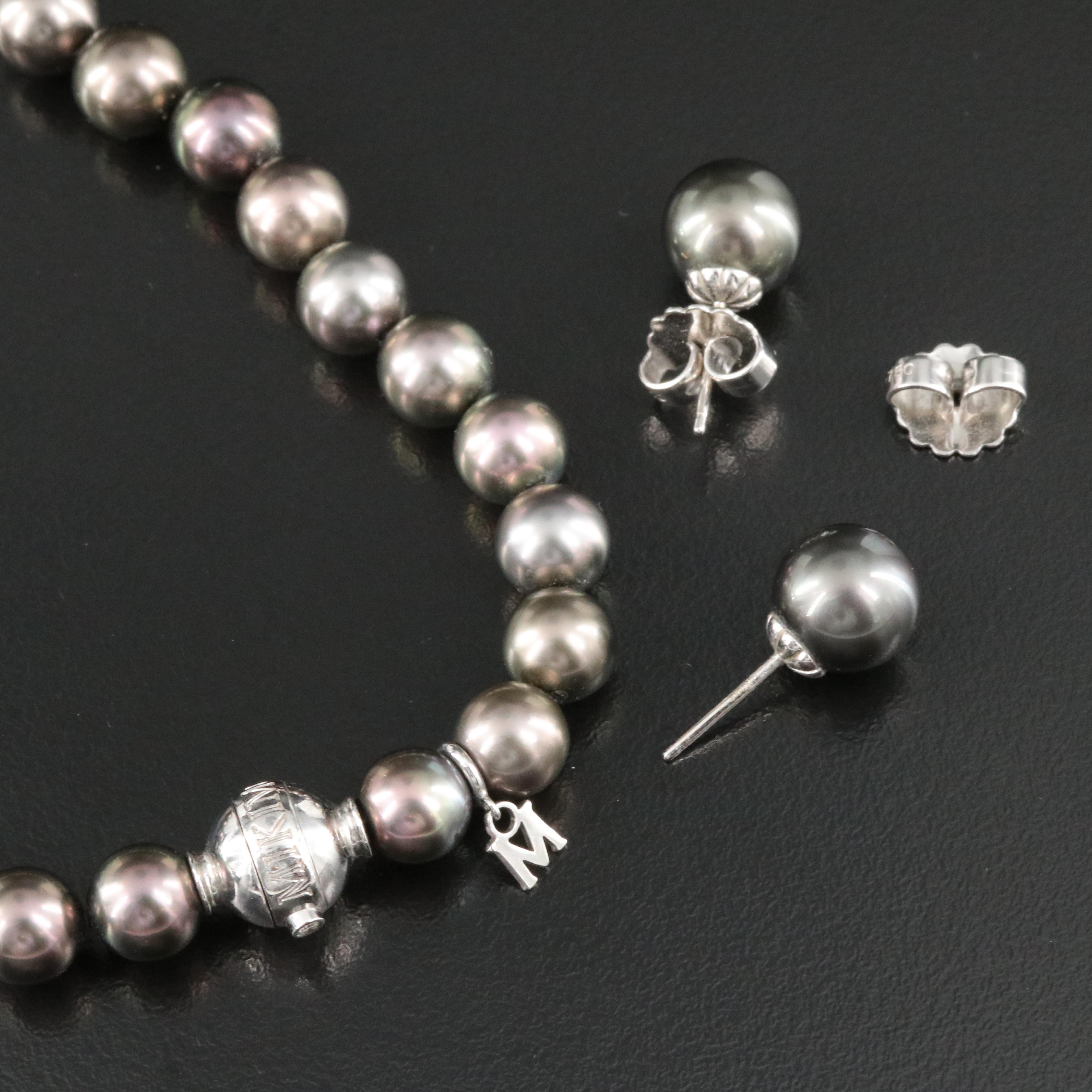 Mikimoto Graduated Pearl Necklace and Earrings 18K Clasp and Diamond