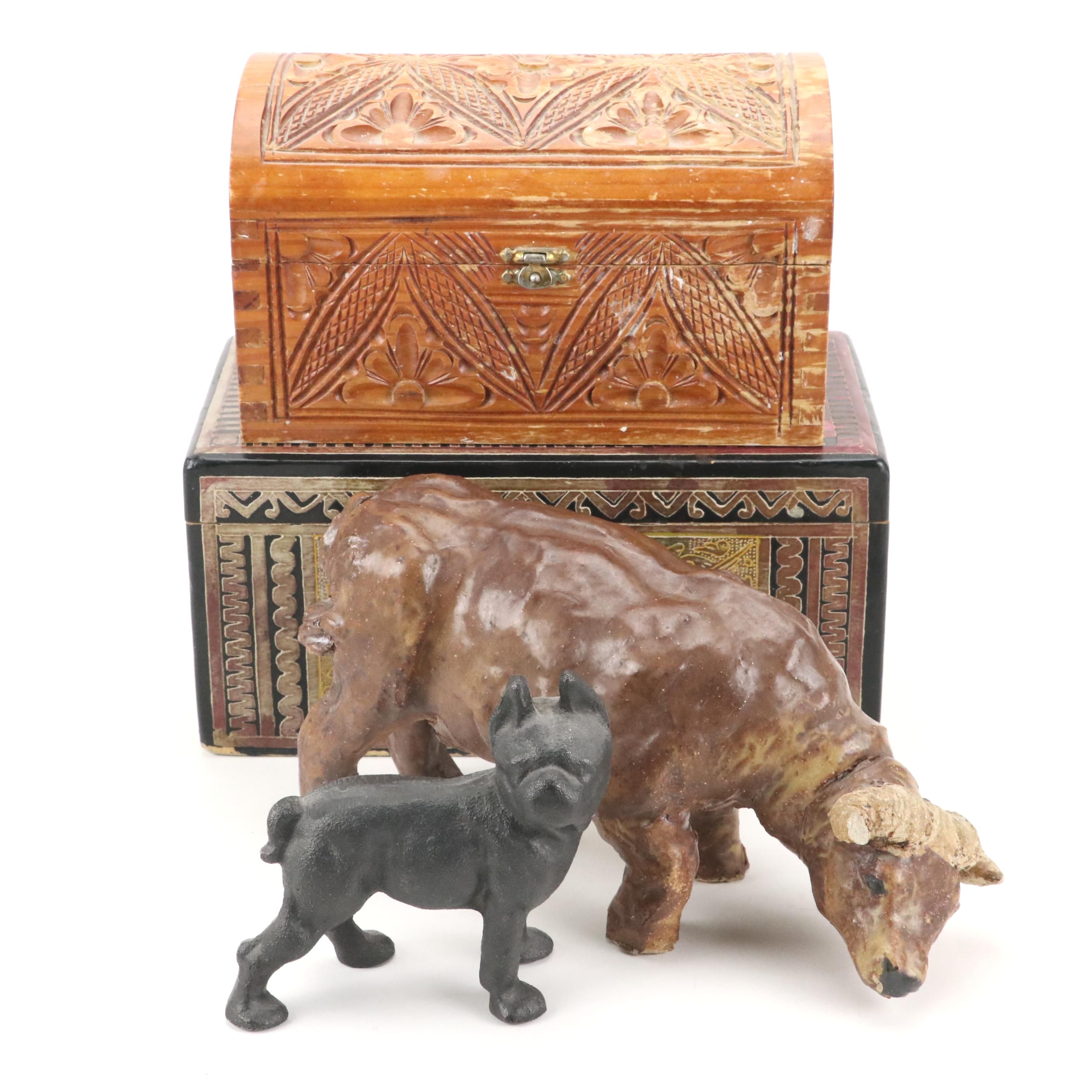 Carved and Painted Wooden Boxes with Steer and Boston Terrier Figurines