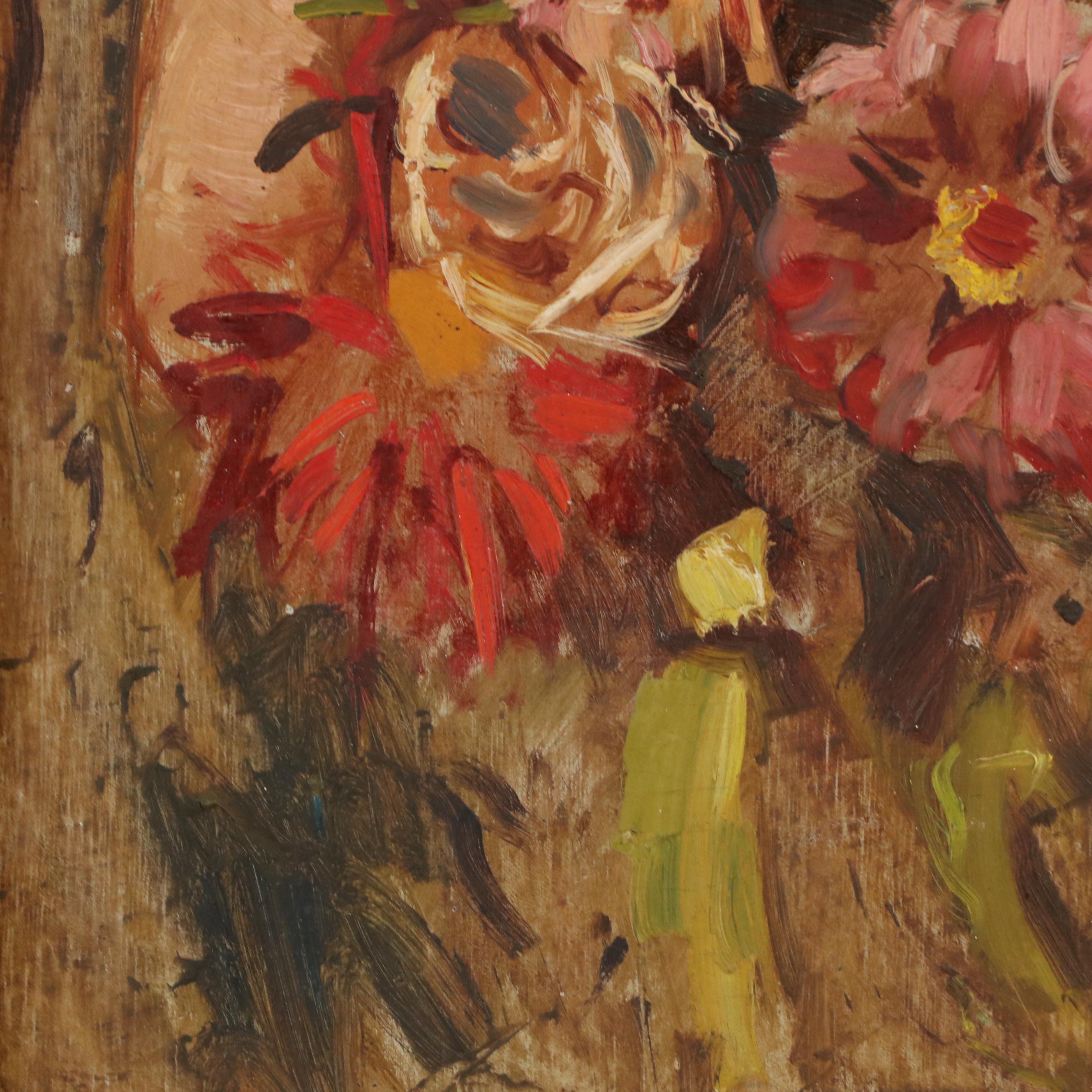 Impressionist Style Oil Painting of a Woman with Flowers, Early 20th Century